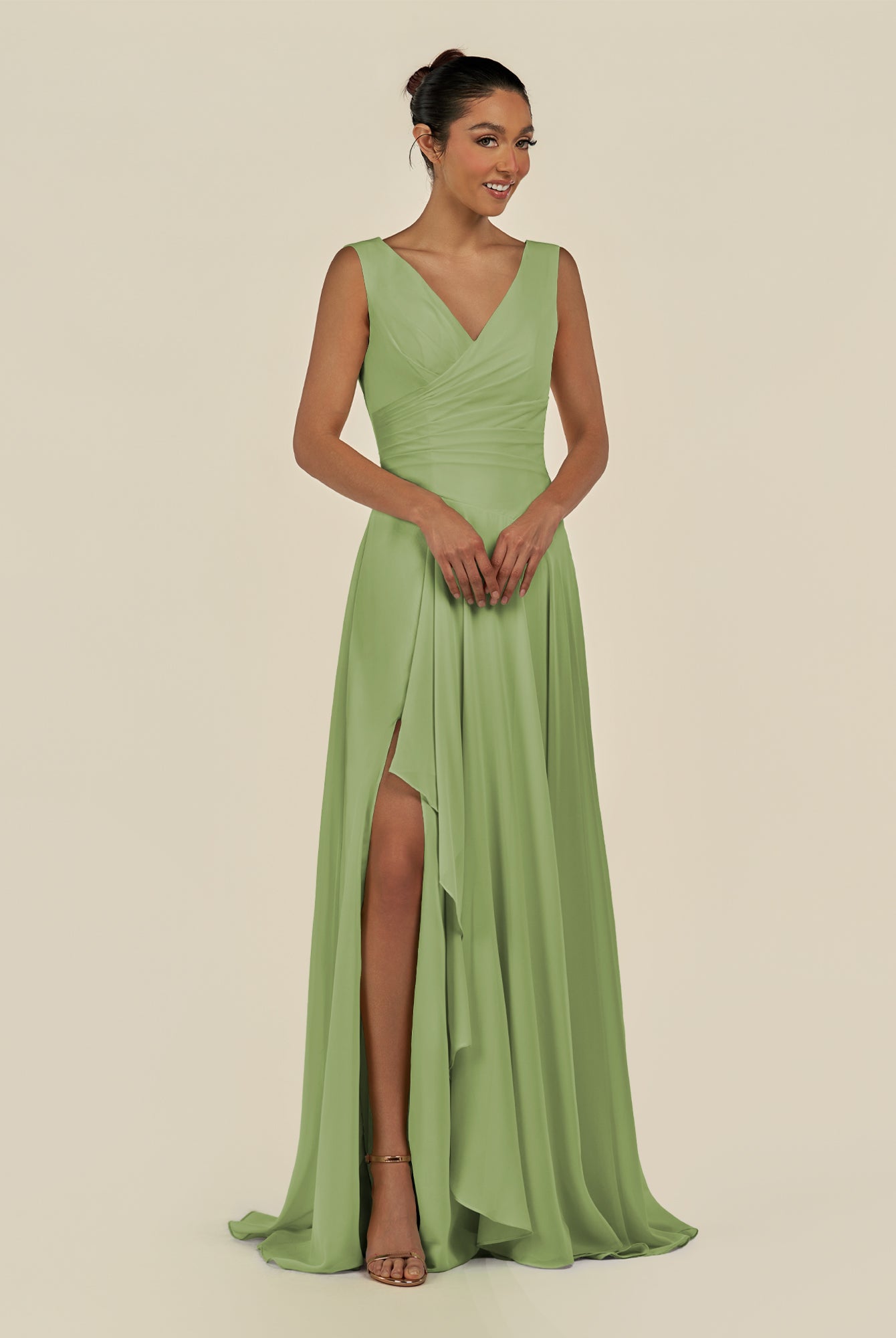 KissDress-Saphir Matcha A Line Chiffon V Neck Ruched Long Bridesmaid Dress with Slit
