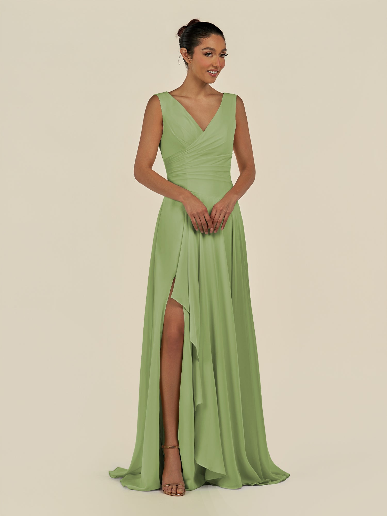 KissDress-Saphir Matcha A Line Chiffon V Neck Ruched Long Bridesmaid Dress with Slit