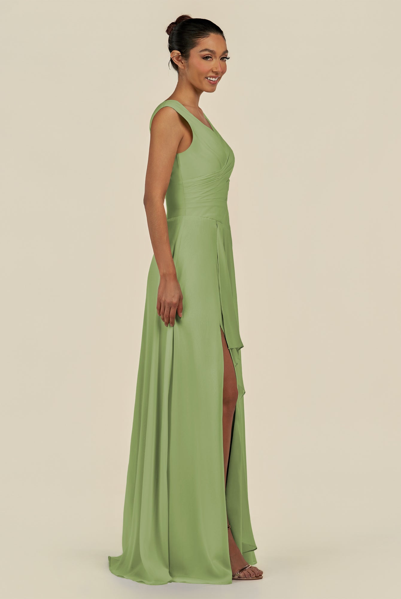 KissDress-Saphir Matcha A Line Chiffon V Neck Ruched Long Bridesmaid Dress with Slit
