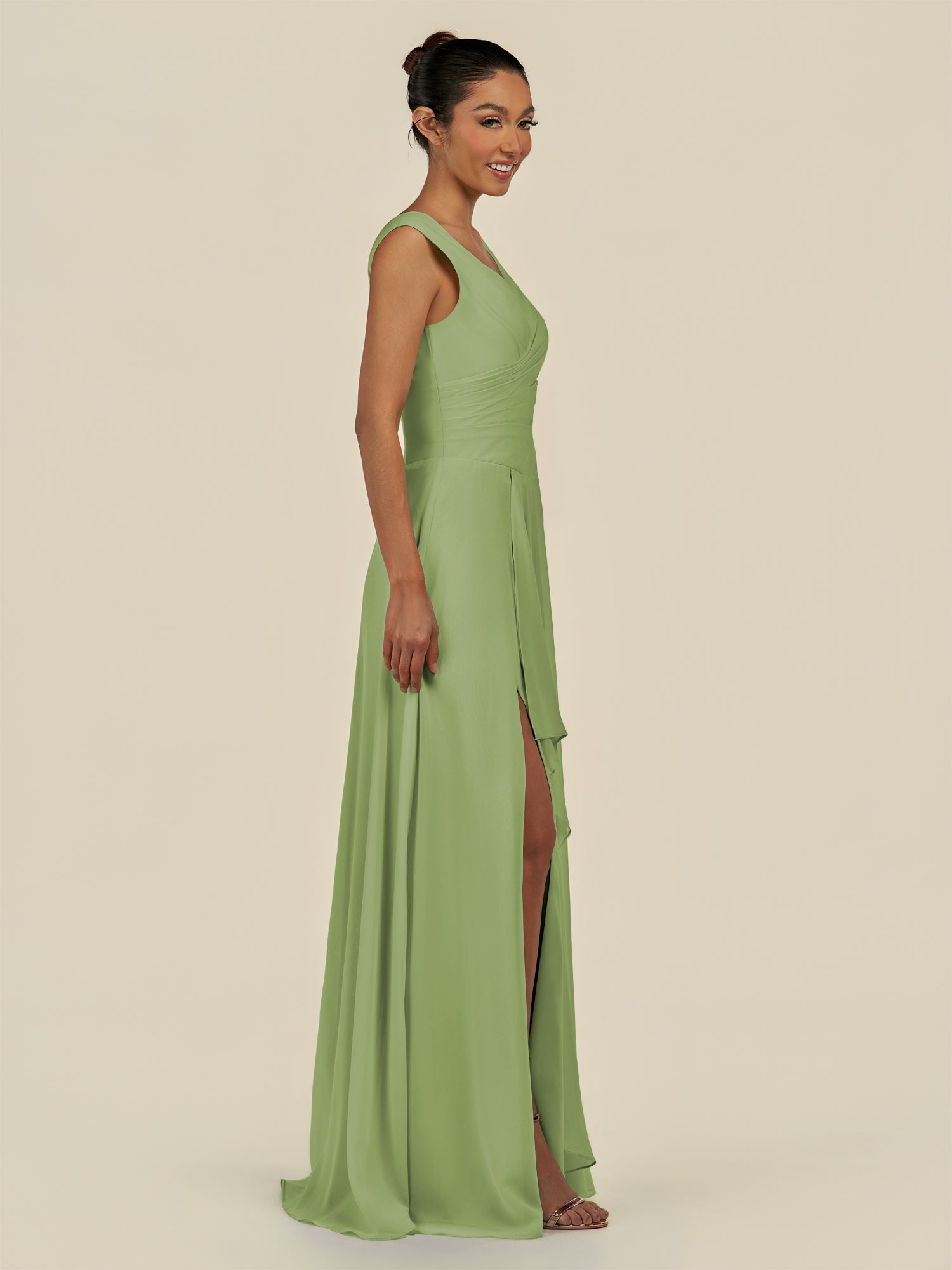 KissDress-Saphir Matcha A Line Chiffon V Neck Ruched Long Bridesmaid Dress with Slit