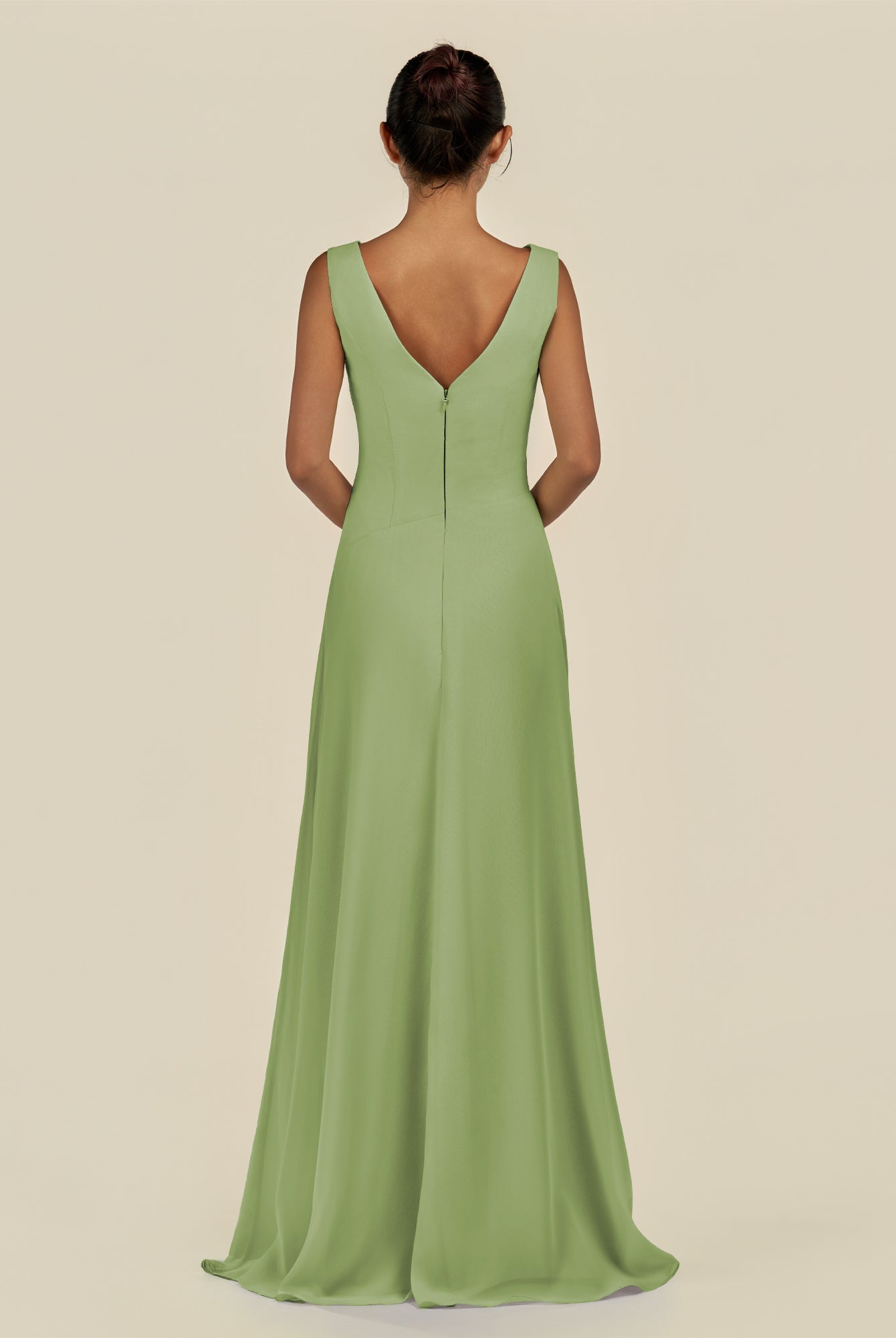KissDress-Saphir Matcha A Line Chiffon V Neck Ruched Long Bridesmaid Dress with Slit