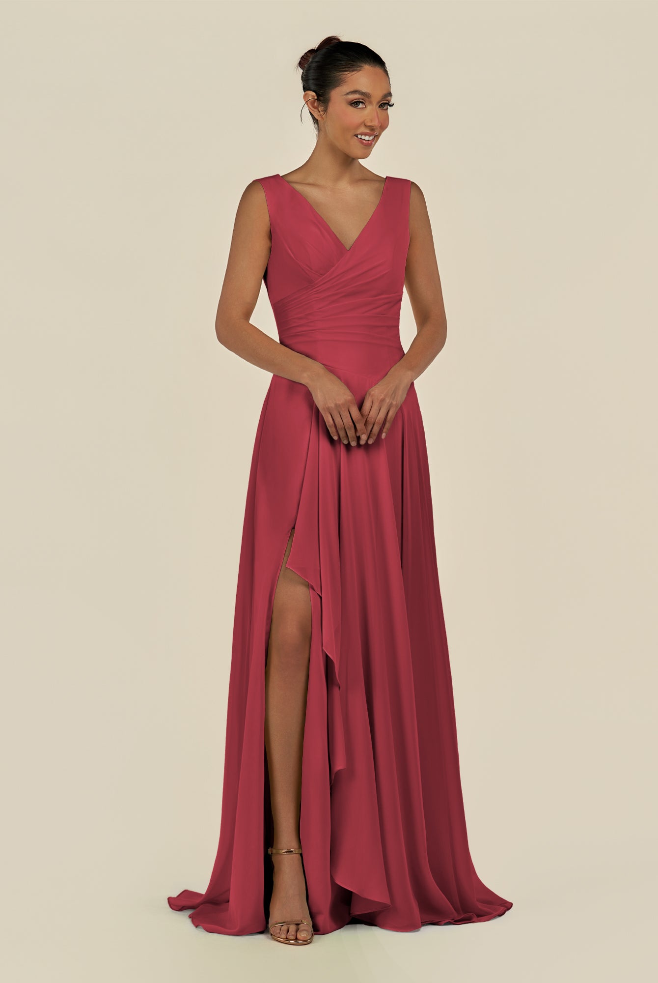 KissDress-Saphir Merlot A Line Chiffon V Neck Ruched Long Bridesmaid Dress with Slit