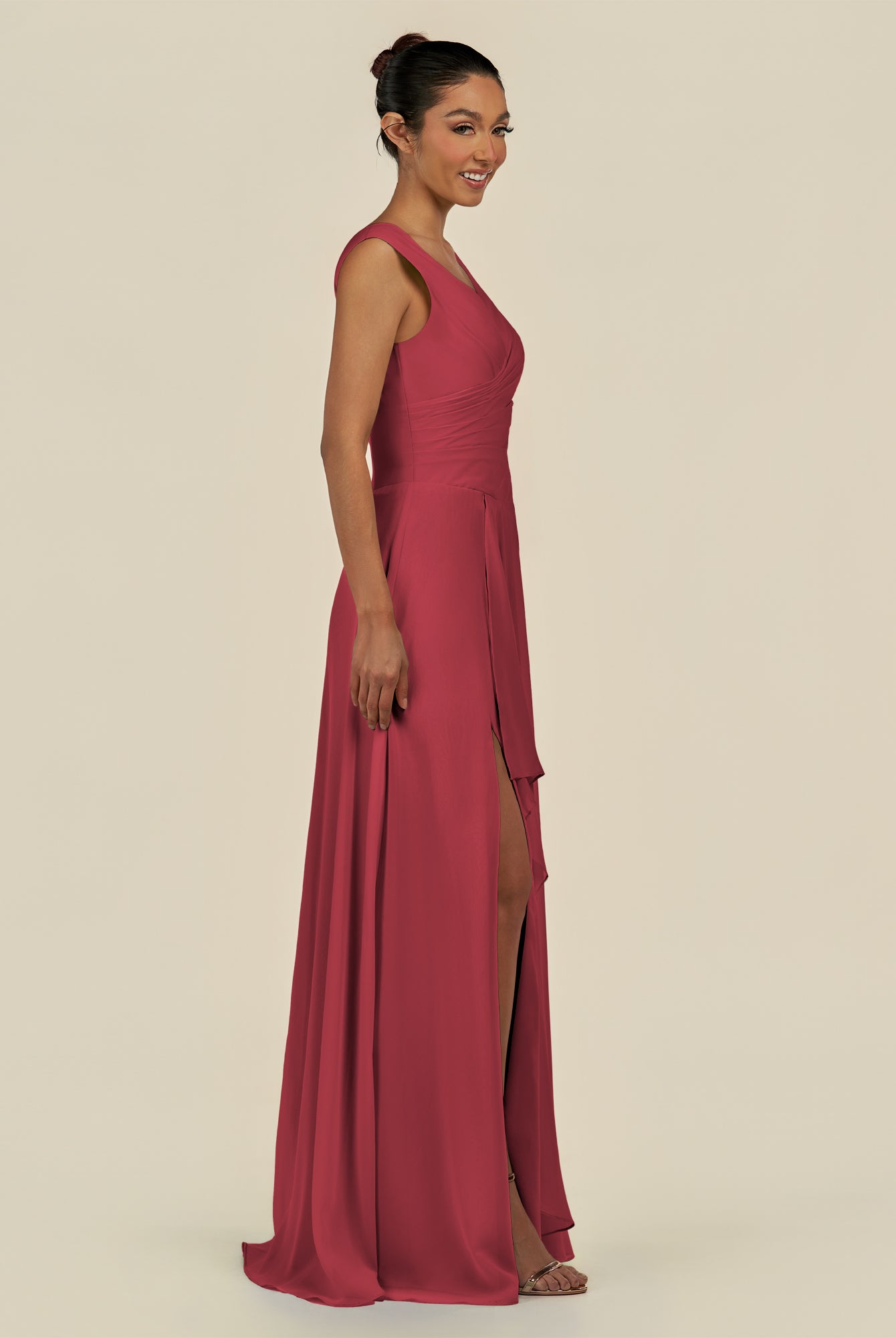 KissDress-Saphir Merlot A Line Chiffon V Neck Ruched Long Bridesmaid Dress with Slit