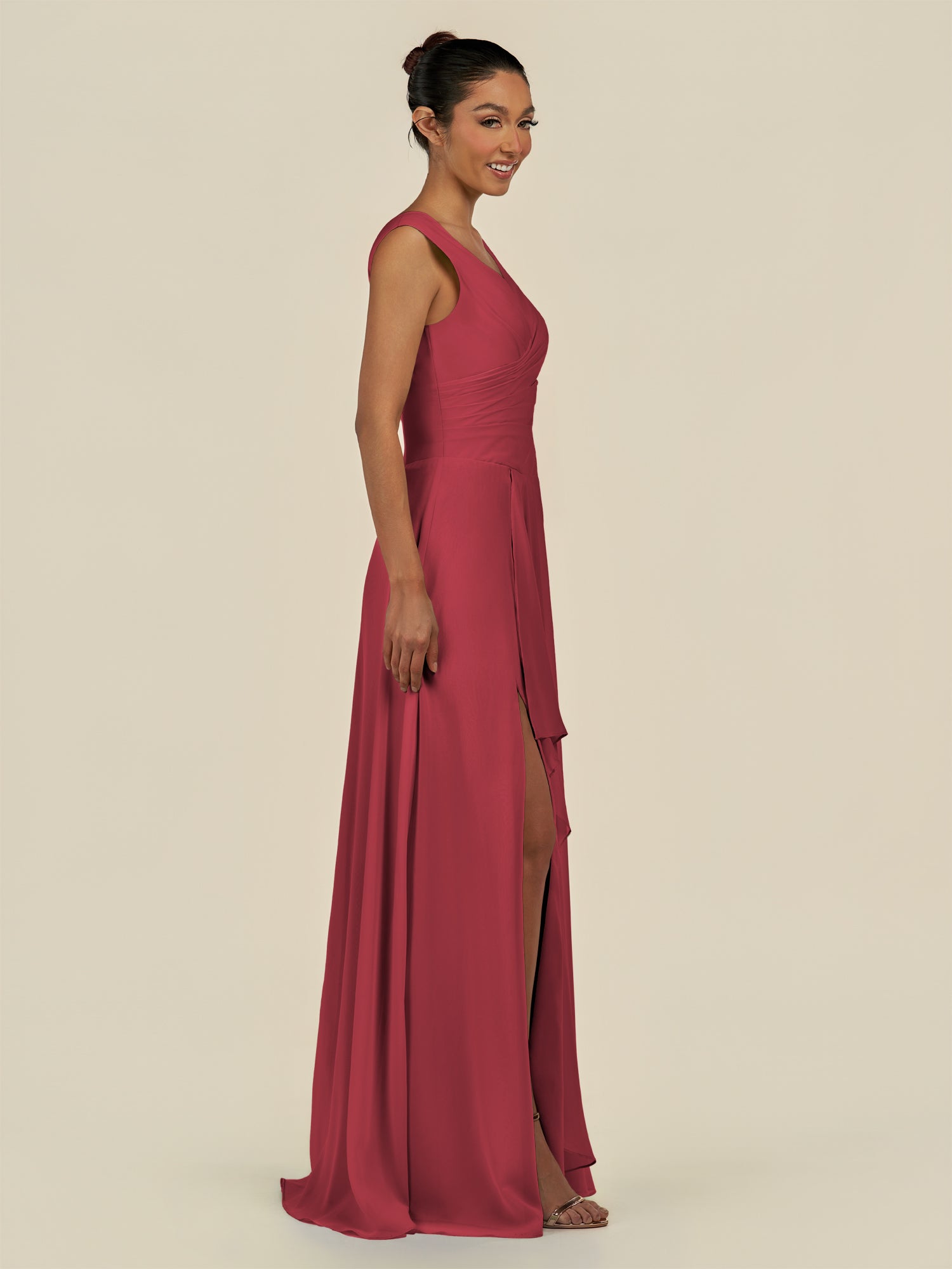 KissDress-Saphir Merlot A Line Chiffon V Neck Ruched Long Bridesmaid Dress with Slit