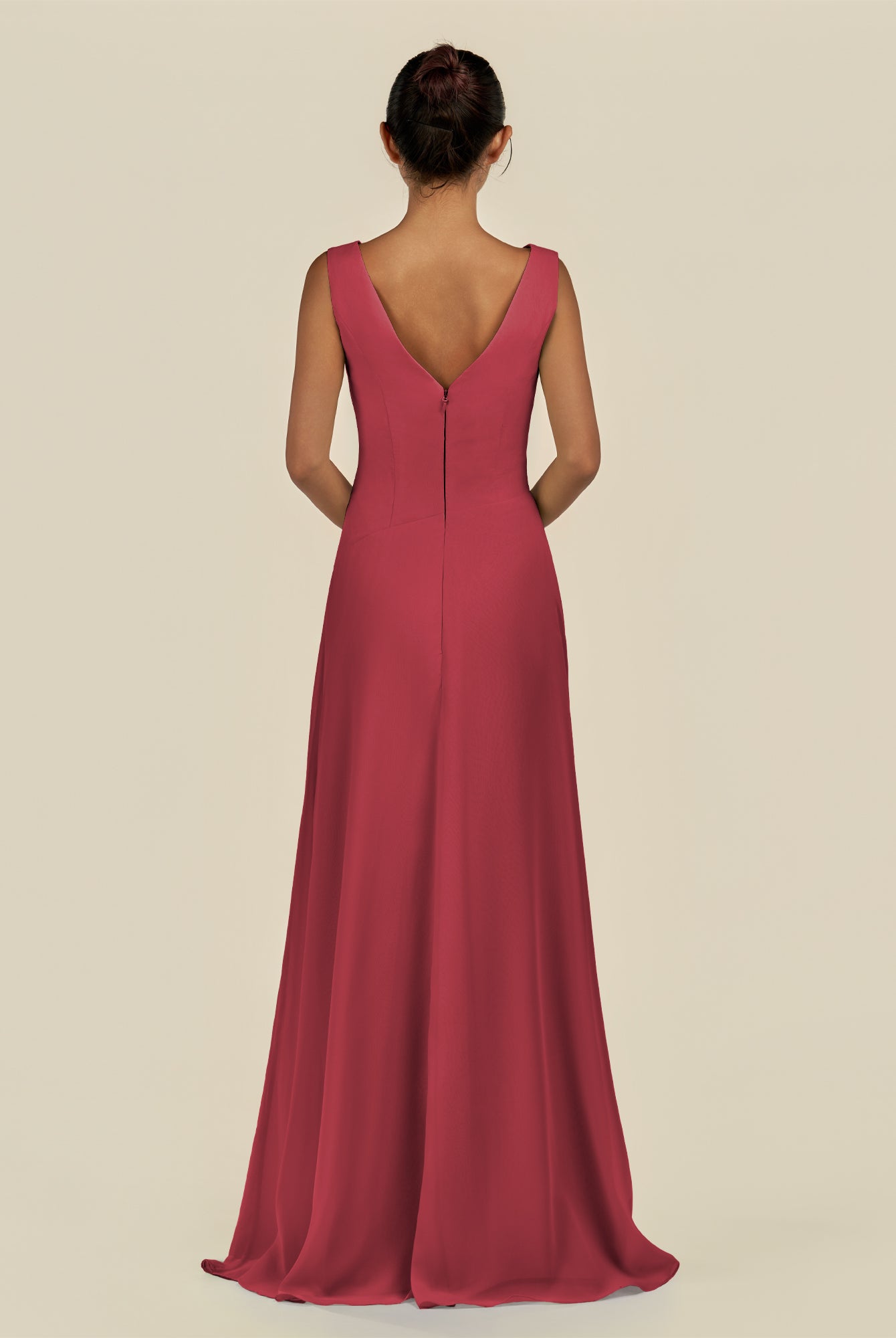 KissDress-Saphir Merlot A Line Chiffon V Neck Ruched Long Bridesmaid Dress with Slit