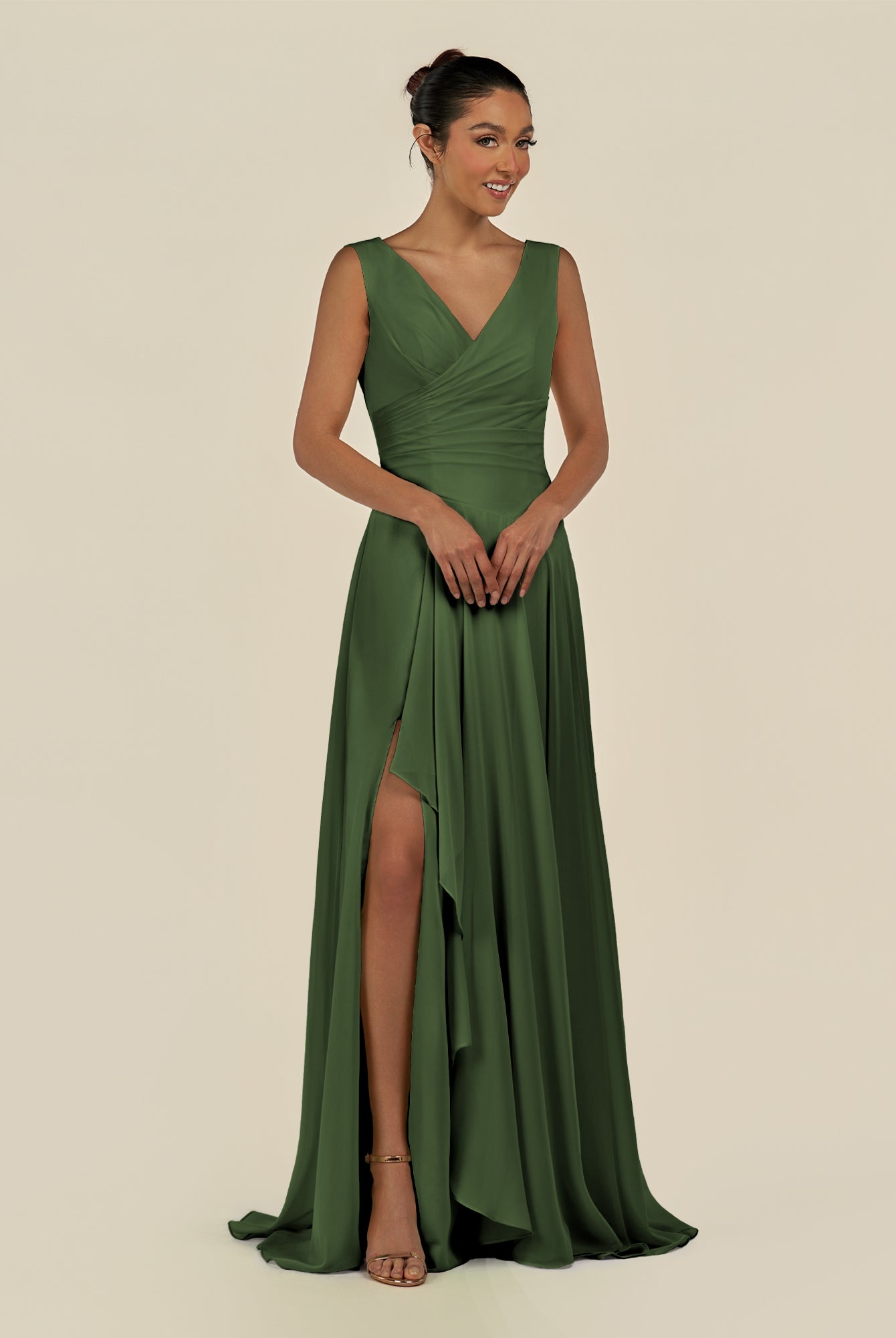 KissDress-Saphir Moss A Line Chiffon V Neck Ruched Long Bridesmaid Dress with Slit