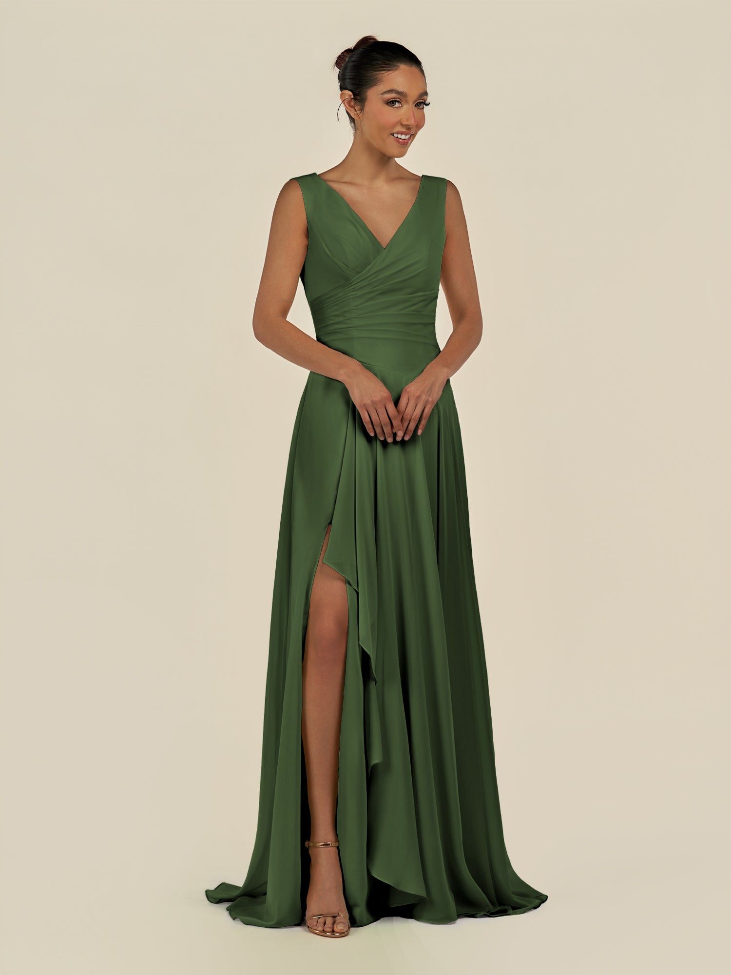 KissDress-Saphir Moss A Line Chiffon V Neck Ruched Long Bridesmaid Dress with Slit