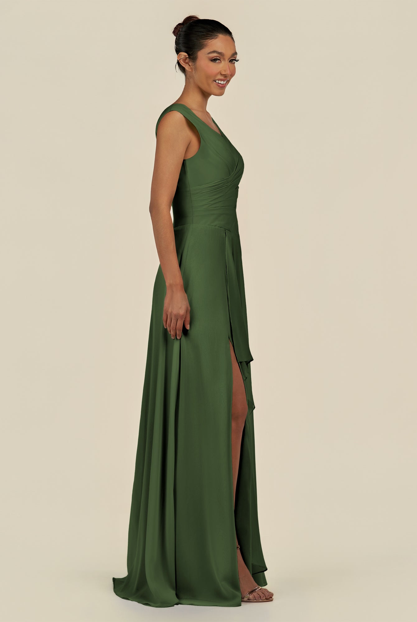 KissDress-Saphir Moss A Line Chiffon V Neck Ruched Long Bridesmaid Dress with Slit