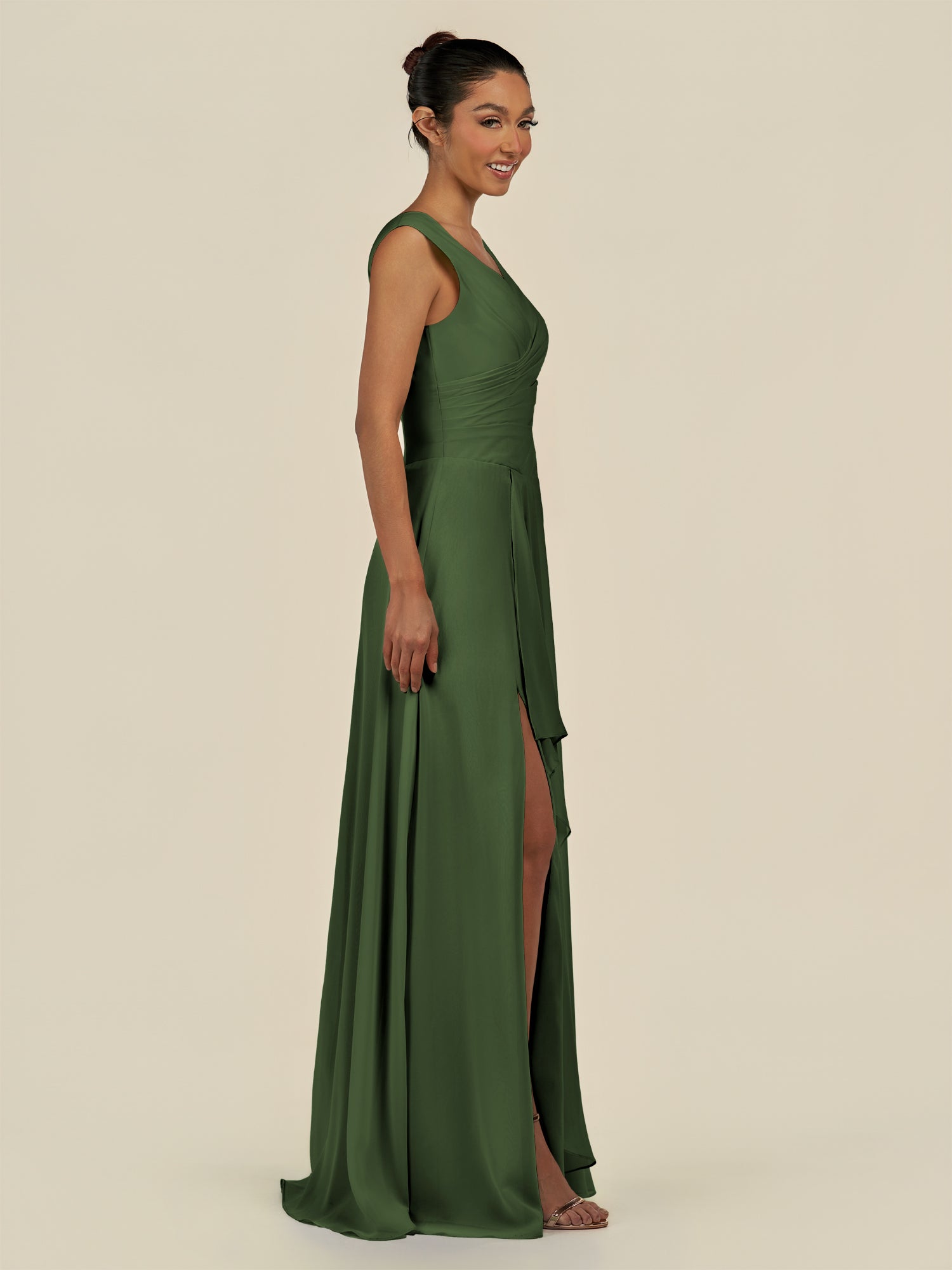 KissDress-Saphir Moss A Line Chiffon V Neck Ruched Long Bridesmaid Dress with Slit