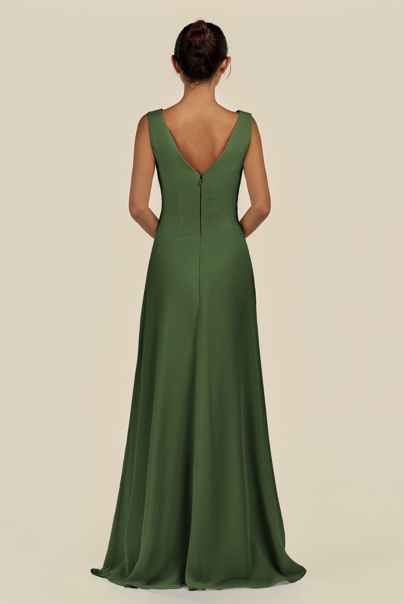 KissDress-Saphir Moss A Line Chiffon V Neck Ruched Long Bridesmaid Dress with Slit