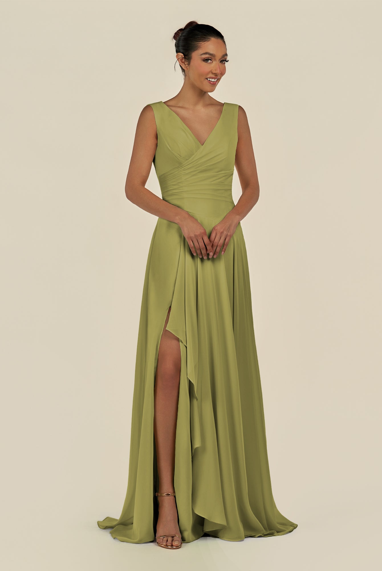 KissDress-Saphir Moss Green A Line Chiffon V Neck Ruched Long Bridesmaid Dress with Slit