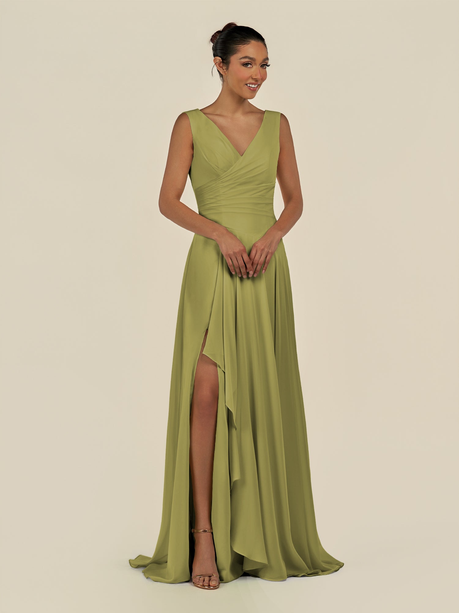 KissDress-Saphir Moss Green A Line Chiffon V Neck Ruched Long Bridesmaid Dress with Slit