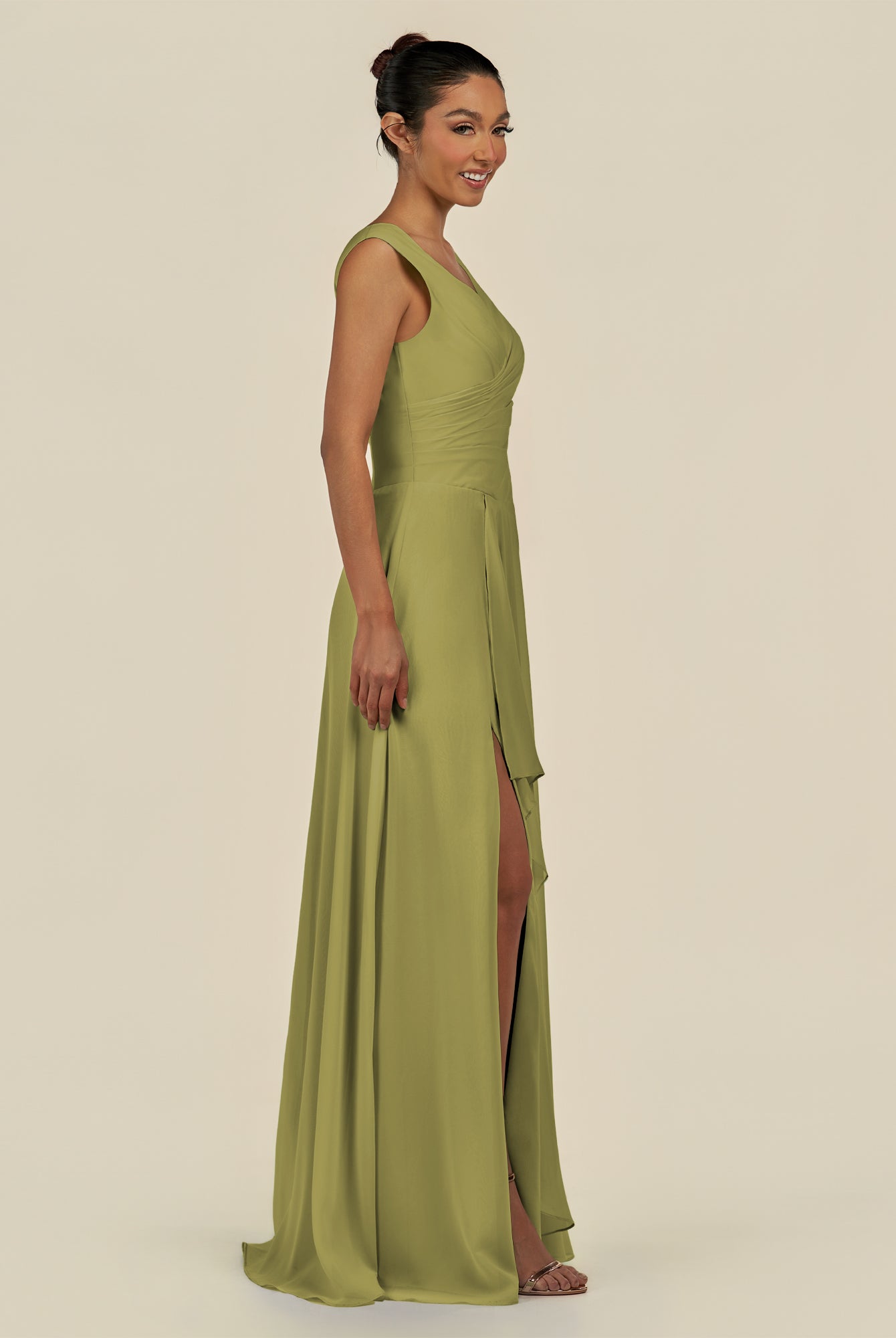 KissDress-Saphir Moss Green A Line Chiffon V Neck Ruched Long Bridesmaid Dress with Slit