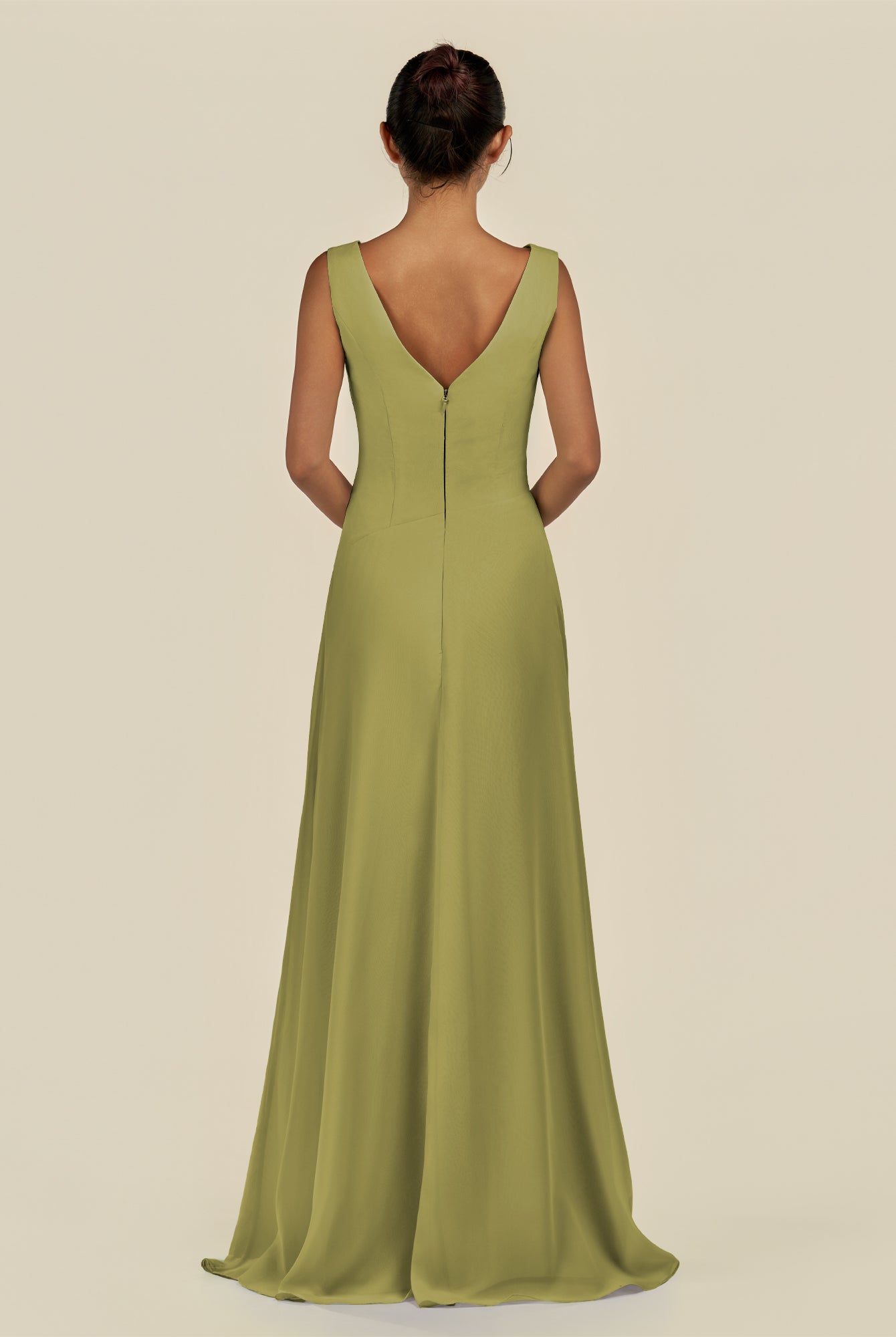 KissDress-Saphir Moss Green A Line Chiffon V Neck Ruched Long Bridesmaid Dress with Slit