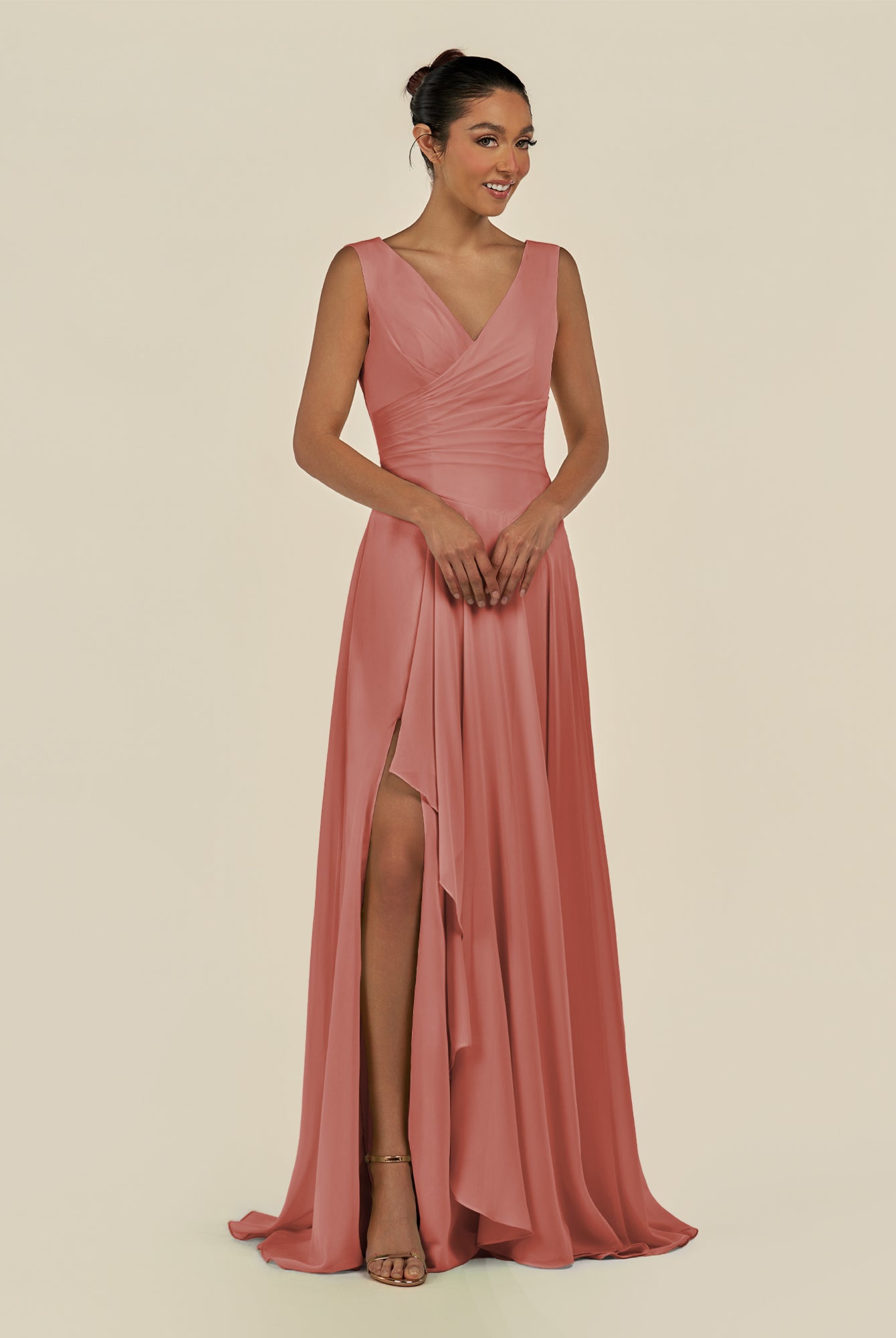 KissDress-Saphir Mulberry A Line Chiffon V Neck Ruched Long Bridesmaid Dress with Slit