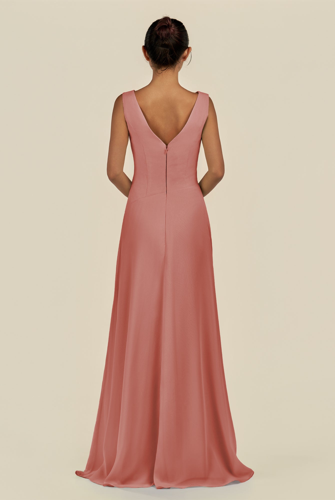 KissDress-Saphir Mulberry A Line Chiffon V Neck Ruched Long Bridesmaid Dress with Slit