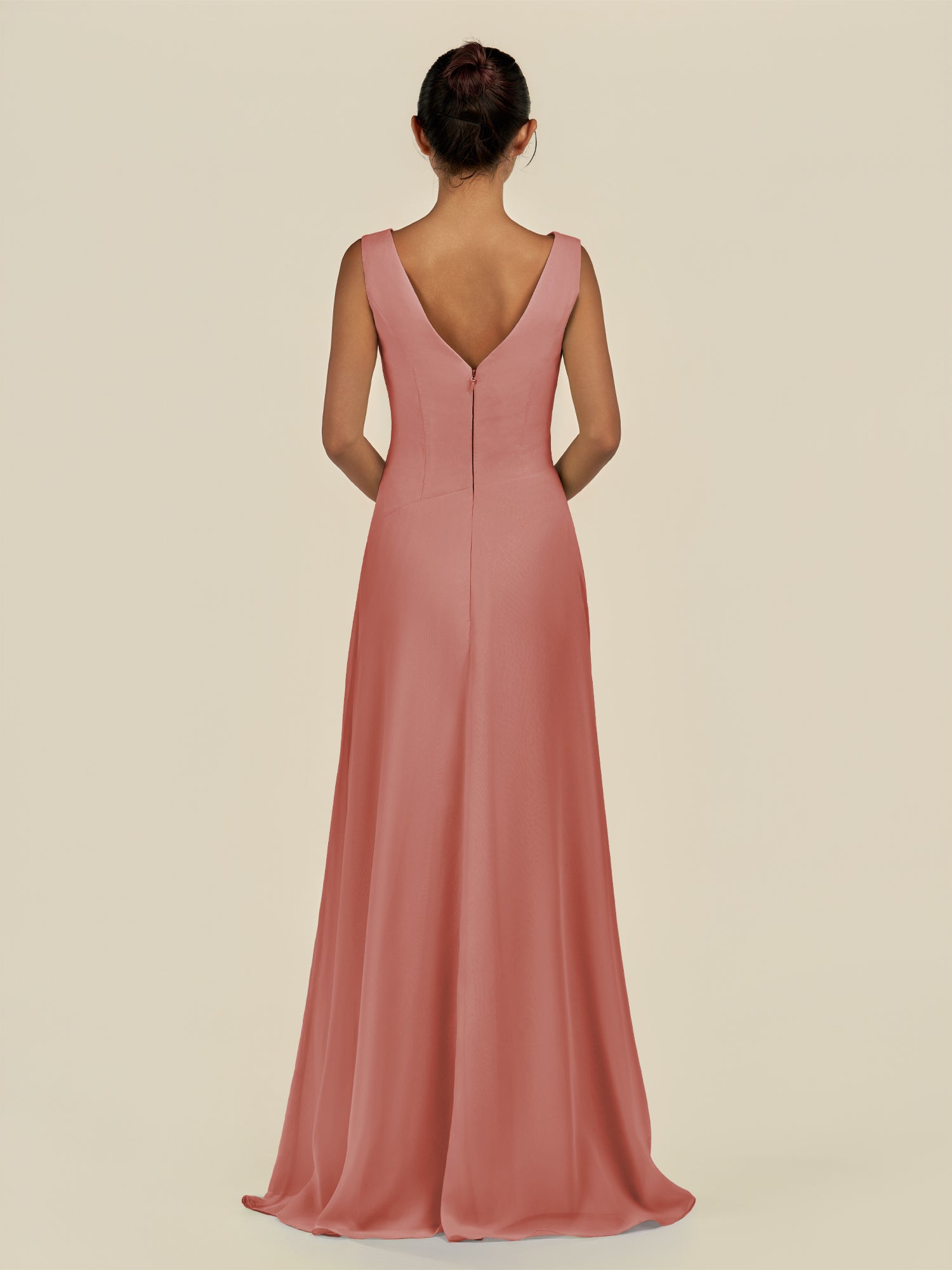 KissDress-Saphir Mulberry A Line Chiffon V Neck Ruched Long Bridesmaid Dress with Slit