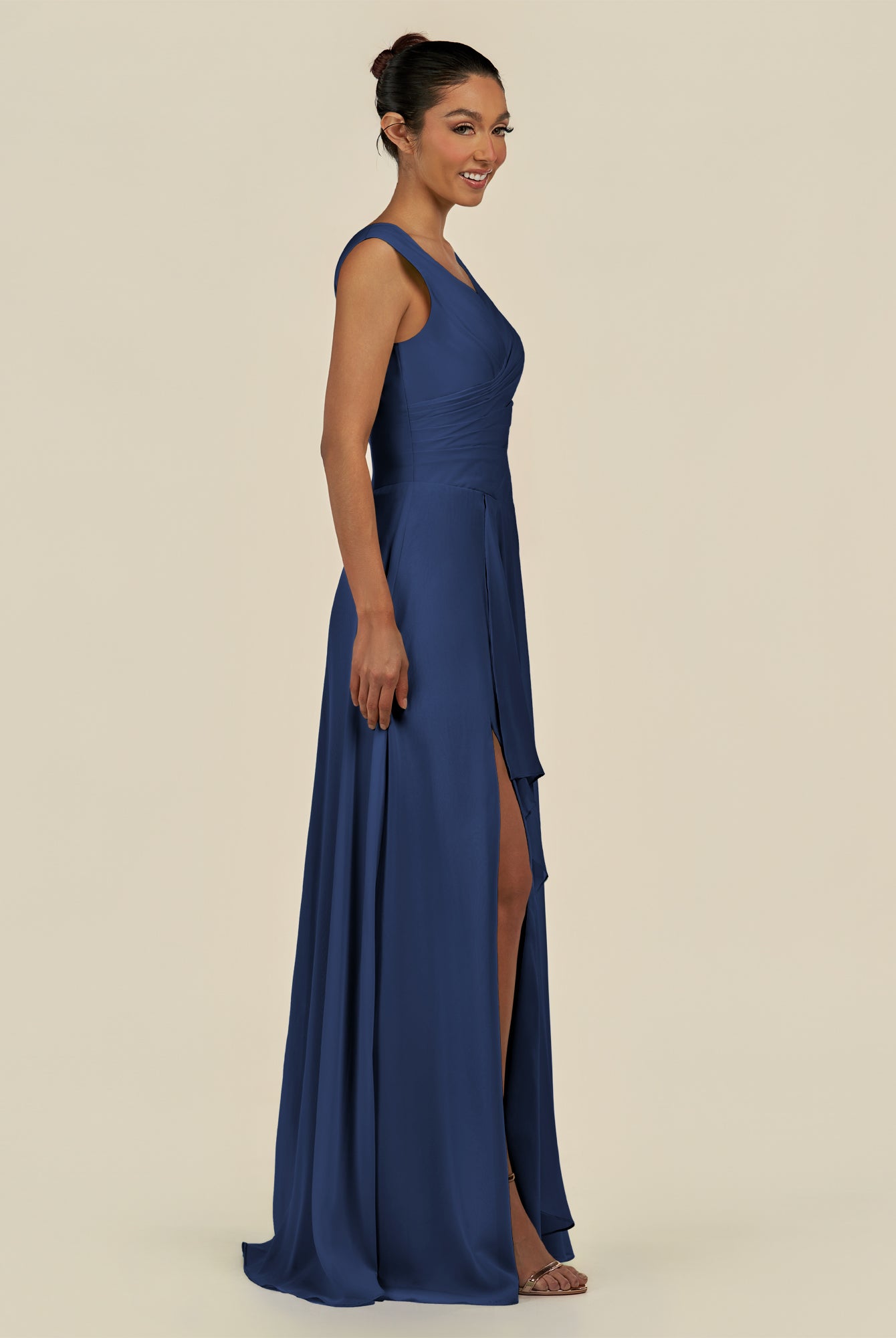 KissDress-Saphir Navy A Line Chiffon V Neck Ruched Long Bridesmaid Dress with Slit