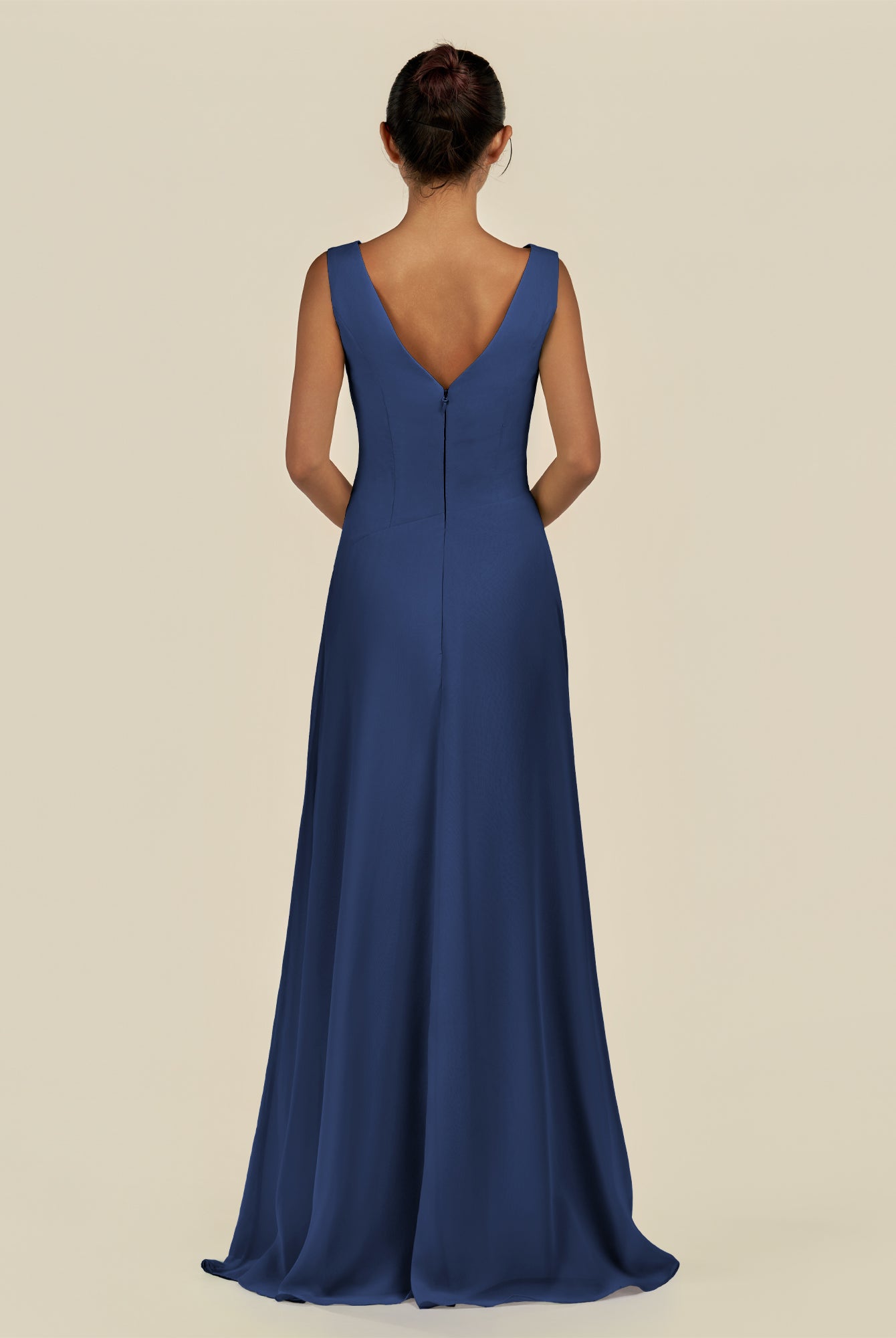 KissDress-Saphir Navy A Line Chiffon V Neck Ruched Long Bridesmaid Dress with Slit