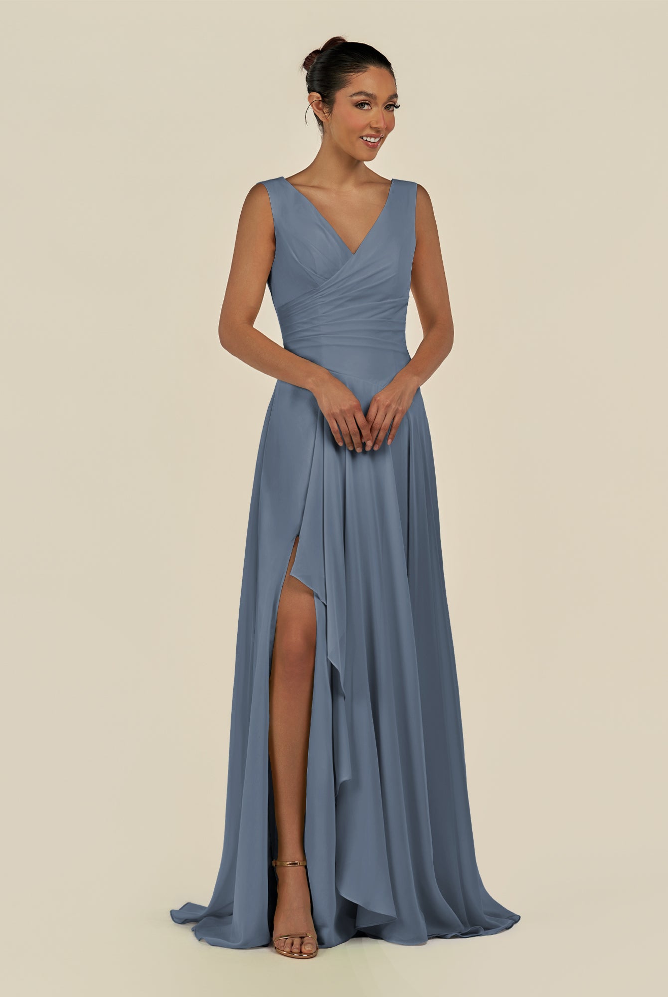 KissDress-Saphir Neptune A Line Chiffon V Neck Ruched Long Bridesmaid Dress with Slit