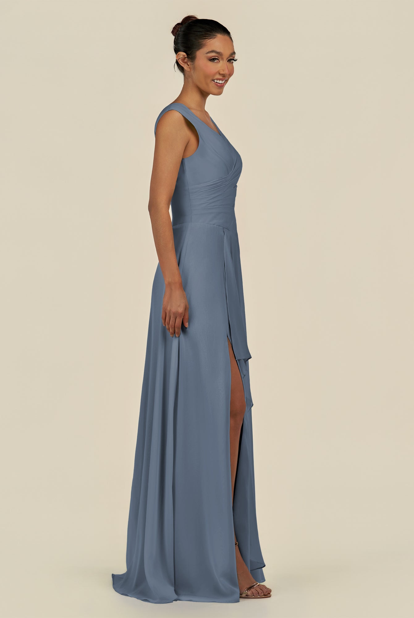 KissDress-Saphir Neptune A Line Chiffon V Neck Ruched Long Bridesmaid Dress with Slit