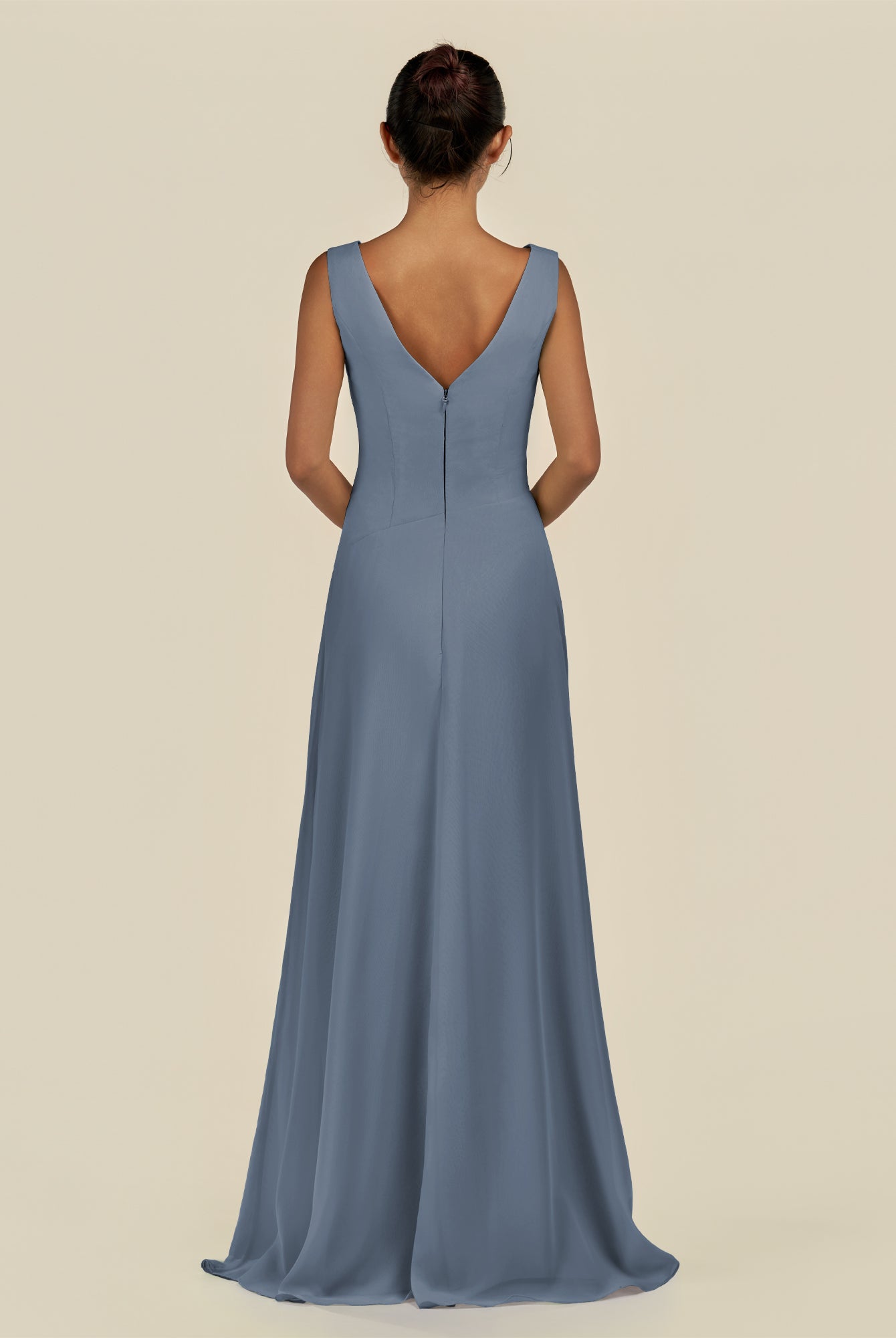 KissDress-Saphir Neptune A Line Chiffon V Neck Ruched Long Bridesmaid Dress with Slit