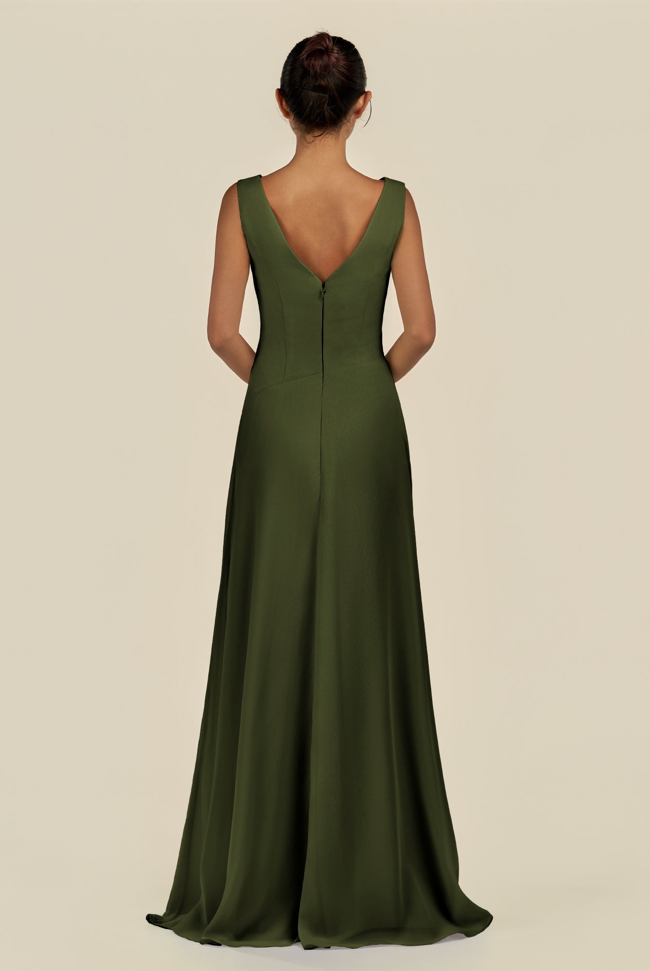 KissDress-Saphir Olive A Line Chiffon V Neck Ruched Long Bridesmaid Dress with Slit