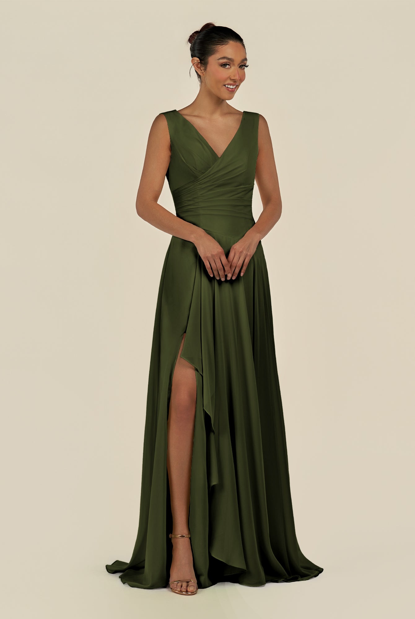 KissDress-Saphir Olive A Line Chiffon V Neck Ruched Long Bridesmaid Dress with Slit