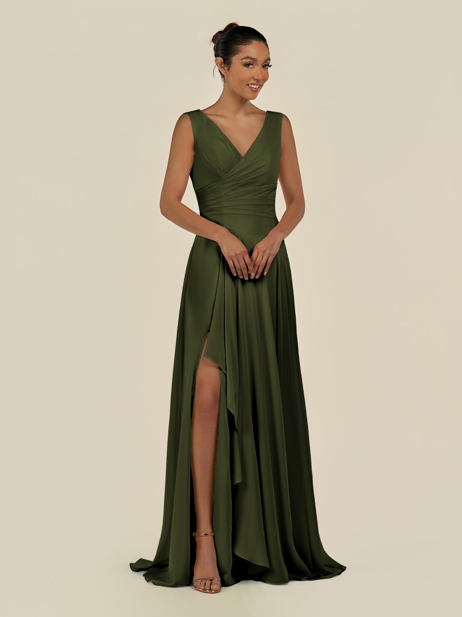 KissDress-Saphir Olive A Line Chiffon V Neck Ruched Long Bridesmaid Dress with Slit
