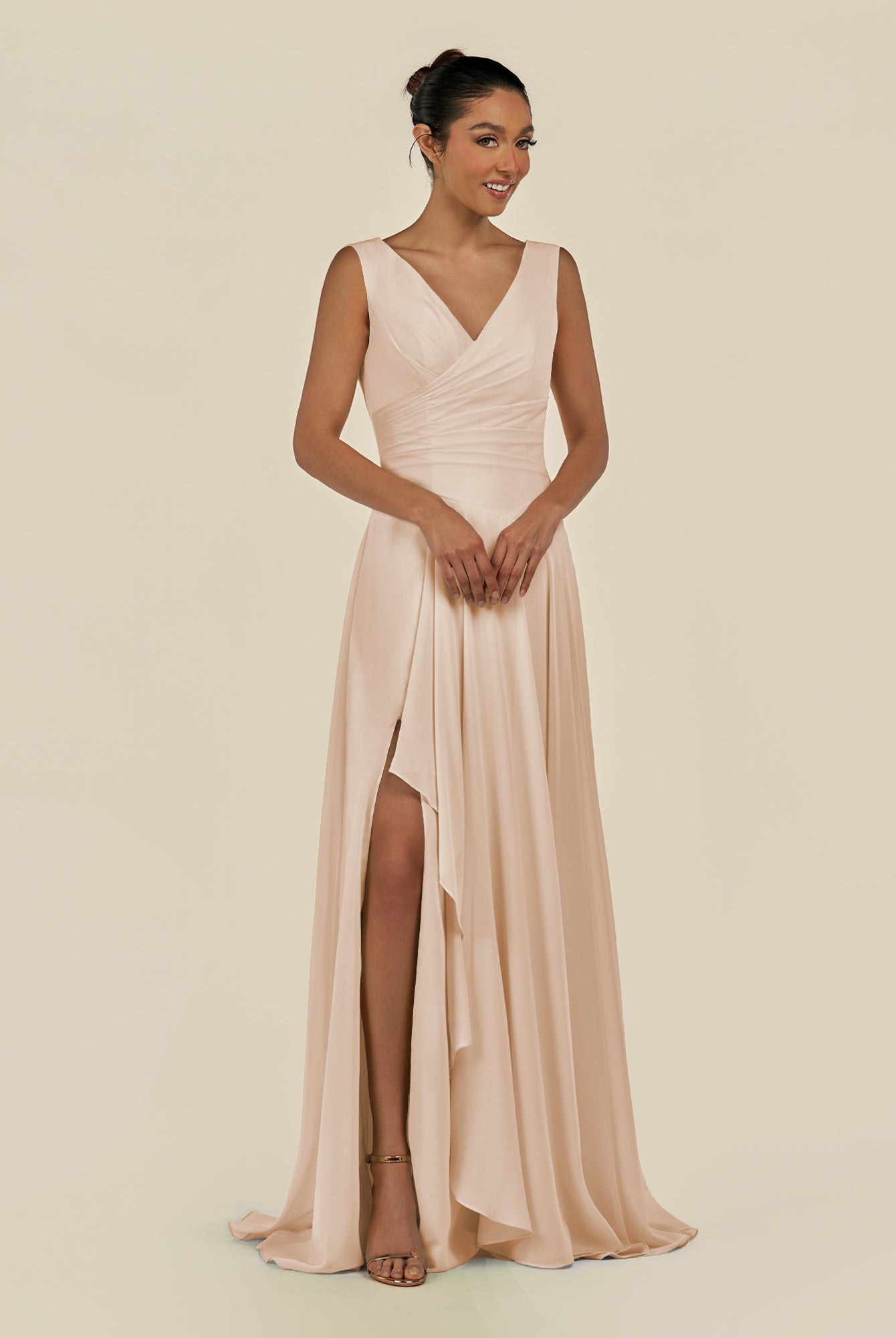 KissDress-Saphir Pale Blush A Line Chiffon V Neck Ruched Long Bridesmaid Dress with Slit