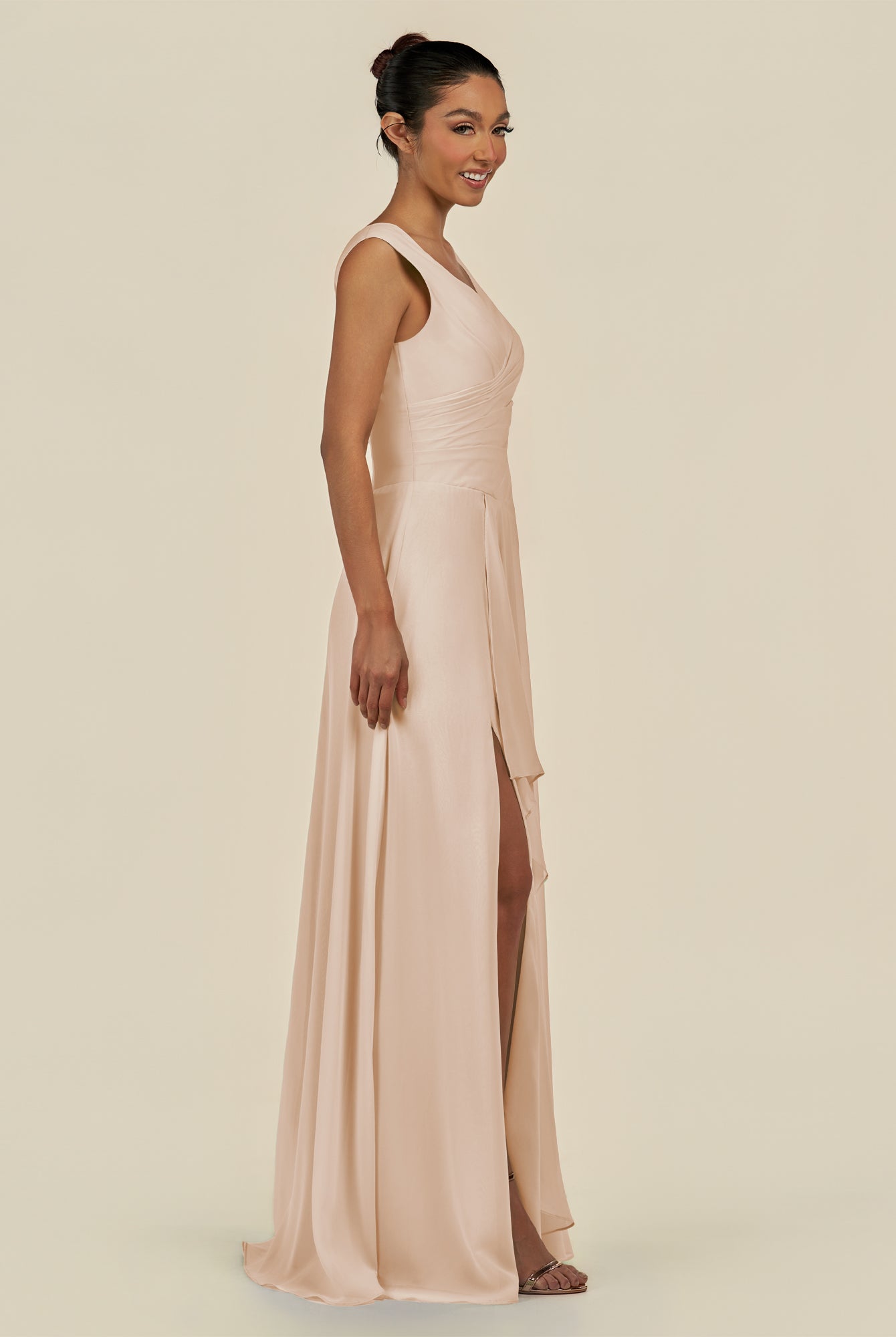 KissDress-Saphir Pale Blush A Line Chiffon V Neck Ruched Long Bridesmaid Dress with Slit