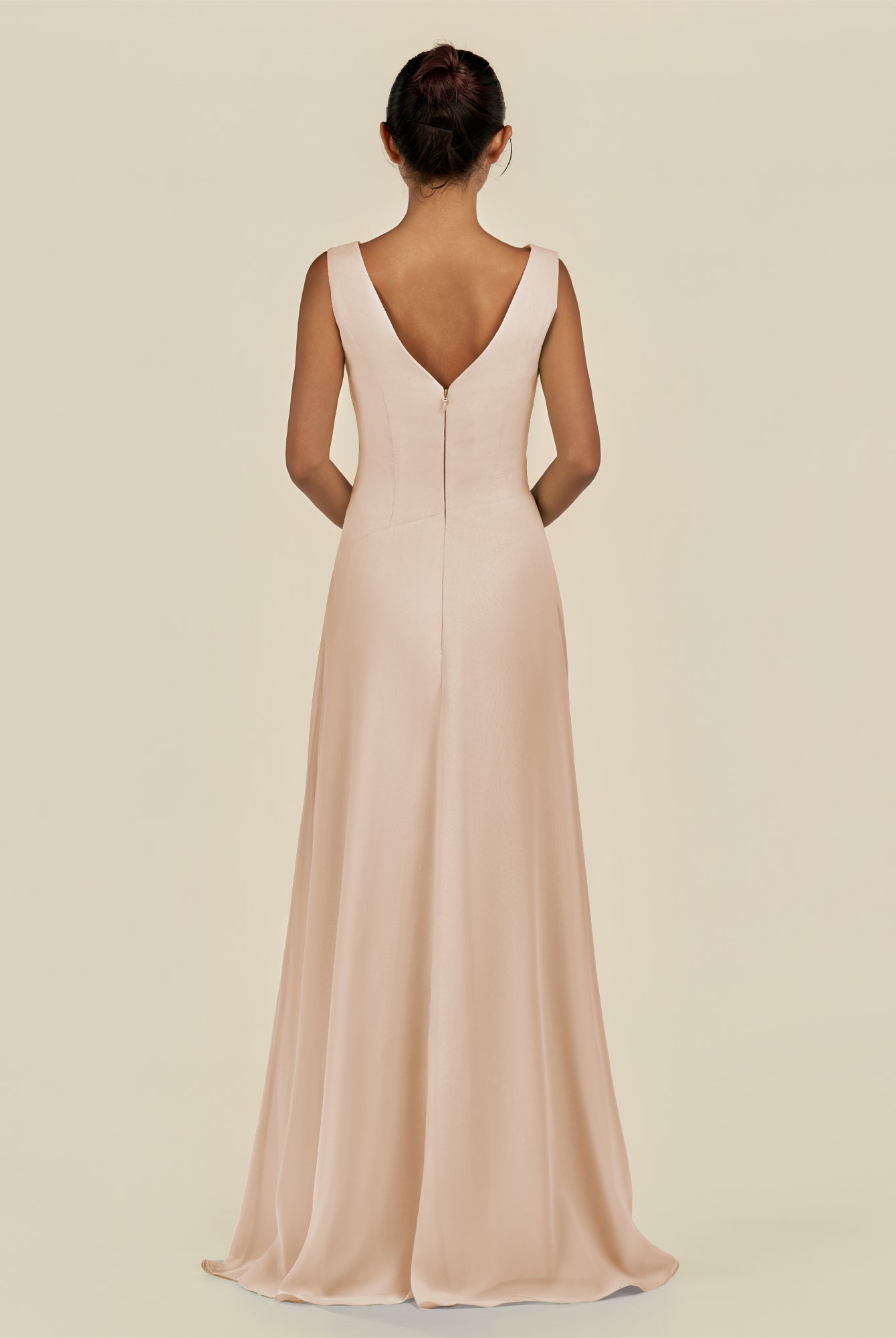 KissDress-Saphir Pale Blush A Line Chiffon V Neck Ruched Long Bridesmaid Dress with Slit
