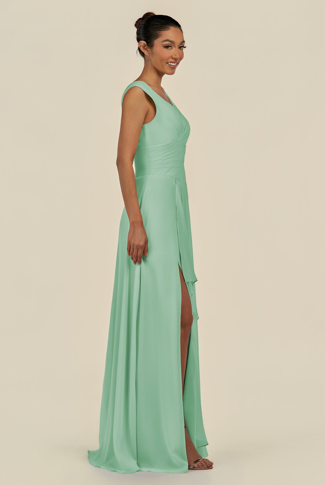 KissDress-Saphir Pale Pistachio A Line Chiffon V Neck Ruched Long Bridesmaid Dress with Slit