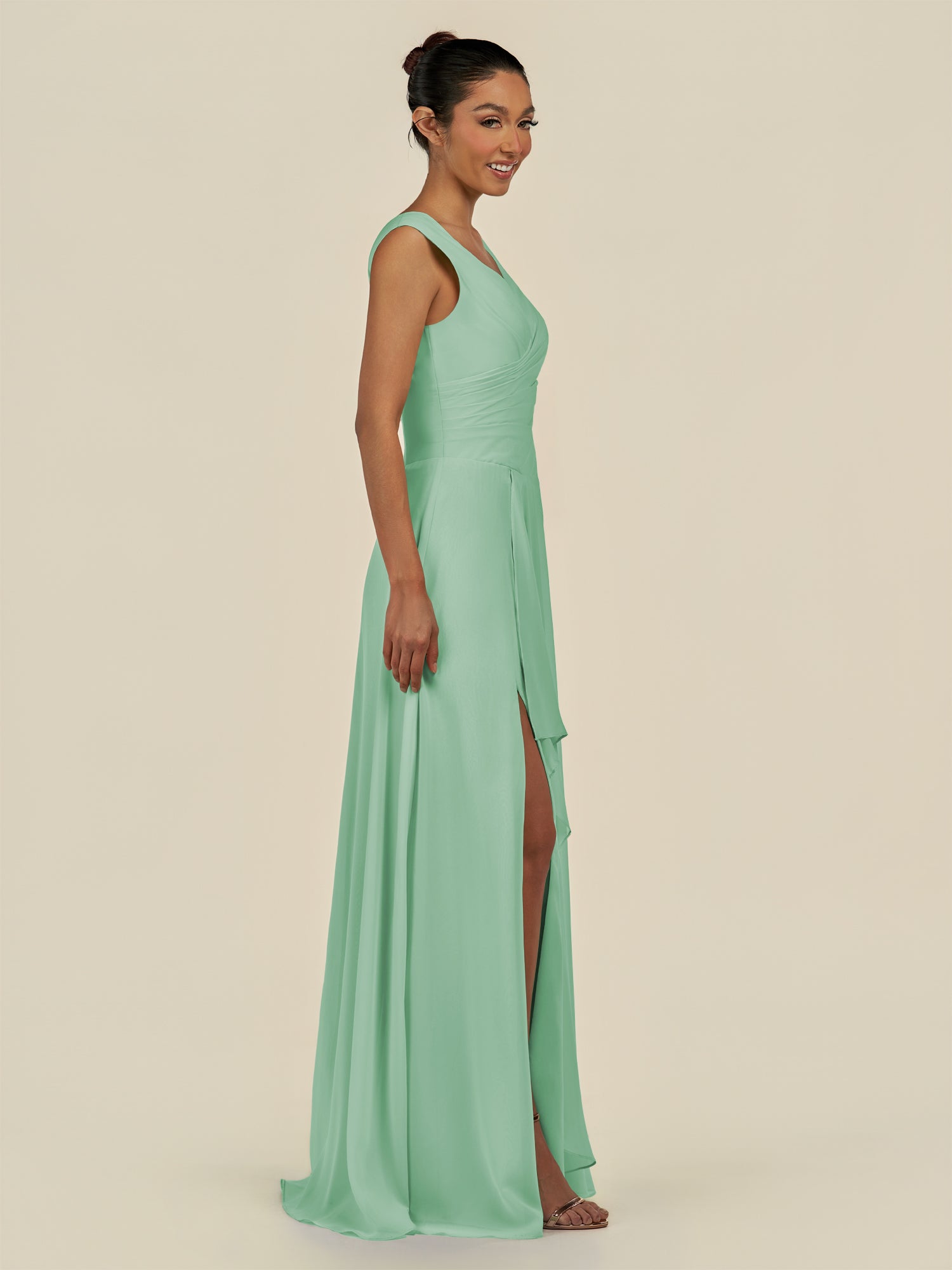 KissDress-Saphir Pale Pistachio A Line Chiffon V Neck Ruched Long Bridesmaid Dress with Slit