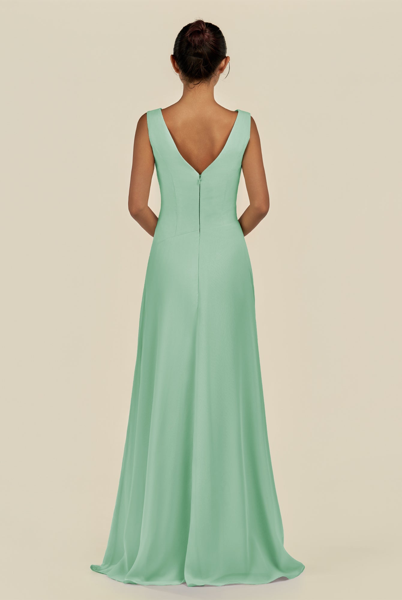 KissDress-Saphir Pale Pistachio A Line Chiffon V Neck Ruched Long Bridesmaid Dress with Slit