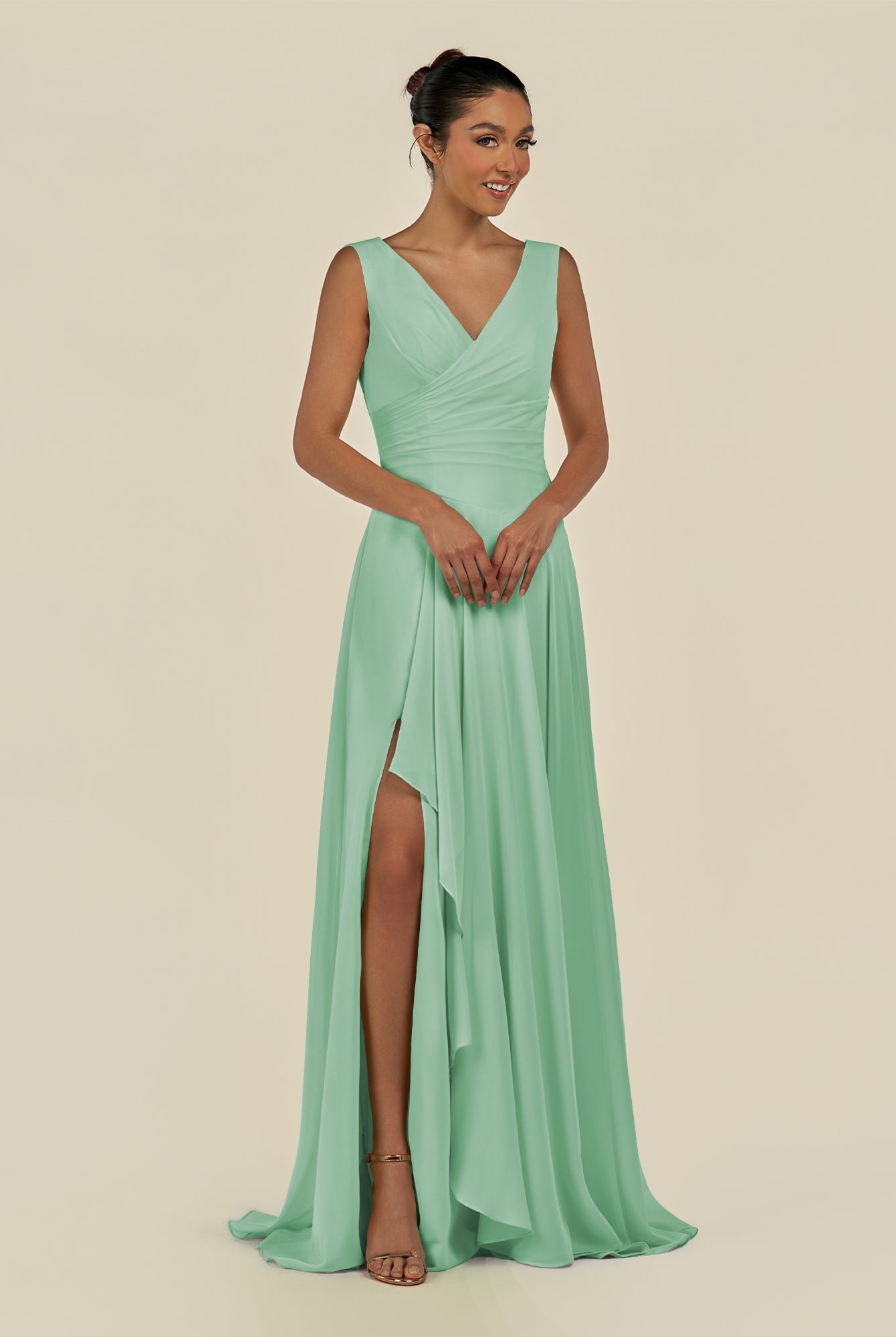 KissDress-Saphir Pale Pistachio A Line Chiffon V Neck Ruched Long Bridesmaid Dress with Slit