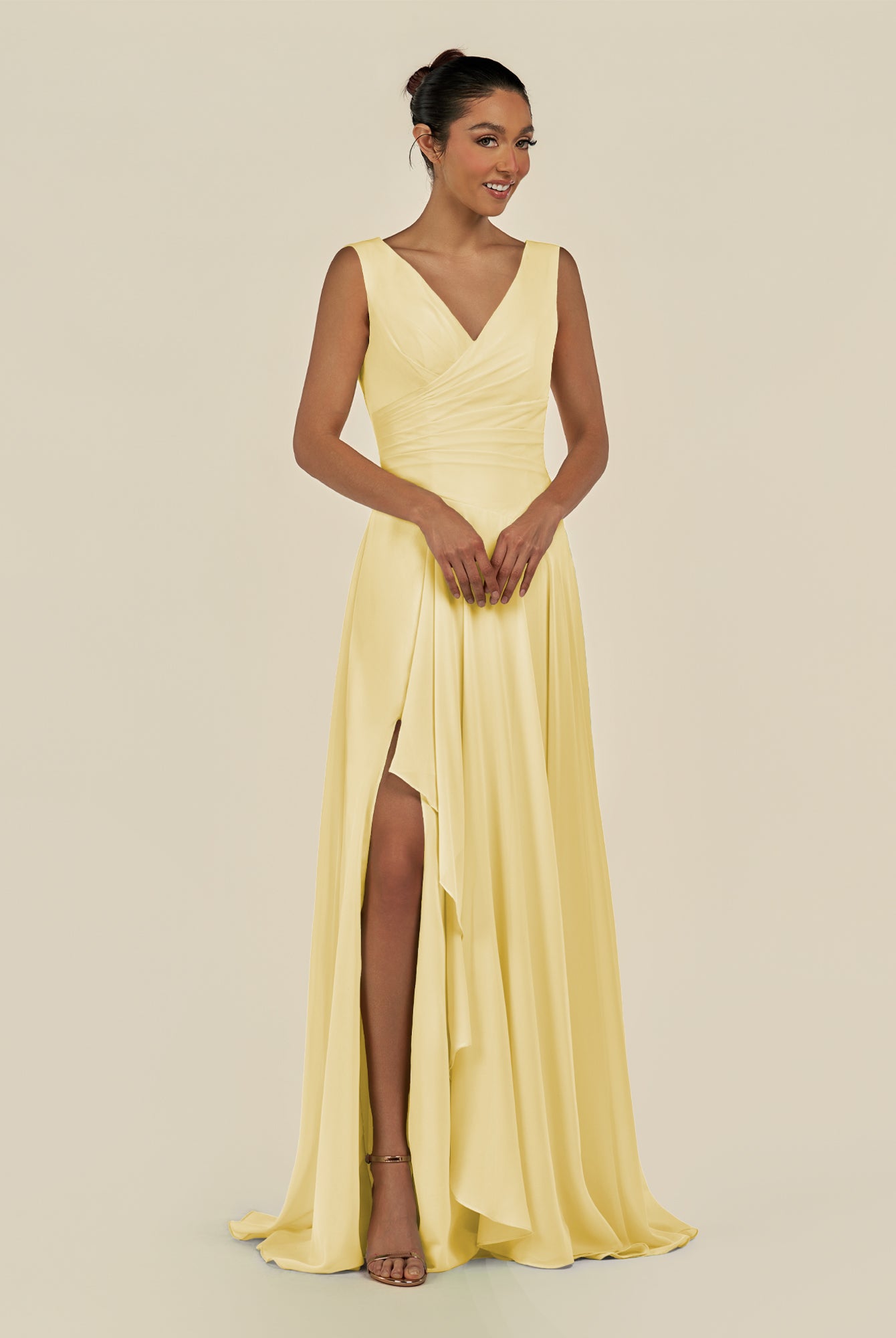 KissDress-Saphir Pastel Yellow A Line Chiffon V Neck Ruched Long Bridesmaid Dress with Slit