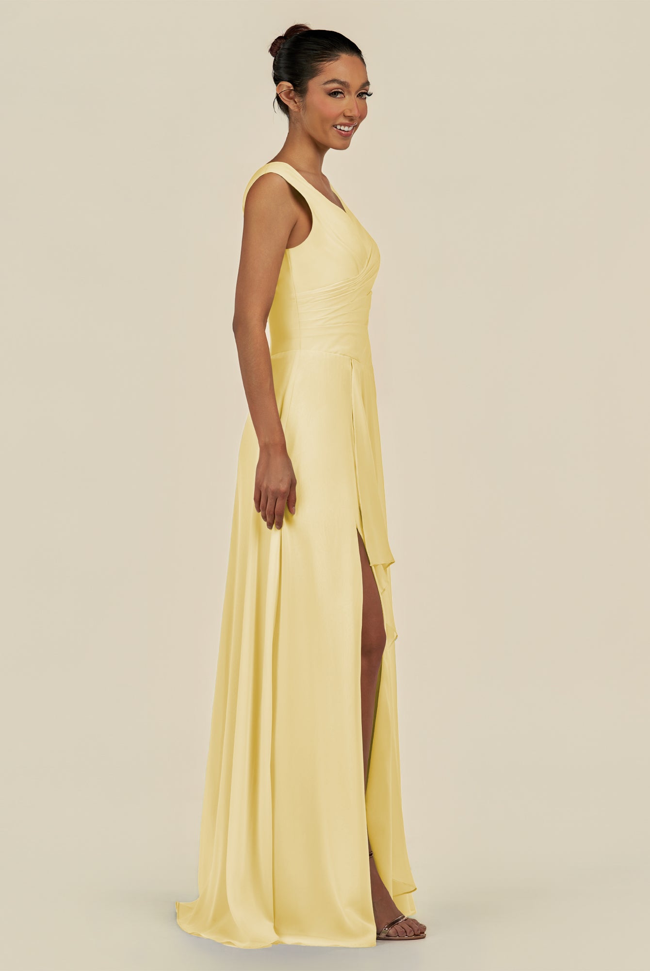 KissDress-Saphir Pastel Yellow A Line Chiffon V Neck Ruched Long Bridesmaid Dress with Slit
