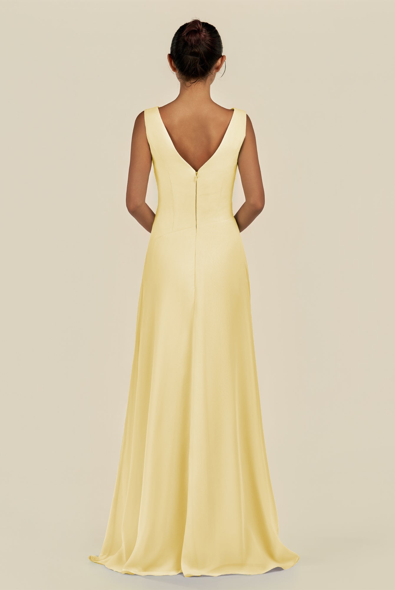 KissDress-Saphir Pastel Yellow A Line Chiffon V Neck Ruched Long Bridesmaid Dress with Slit