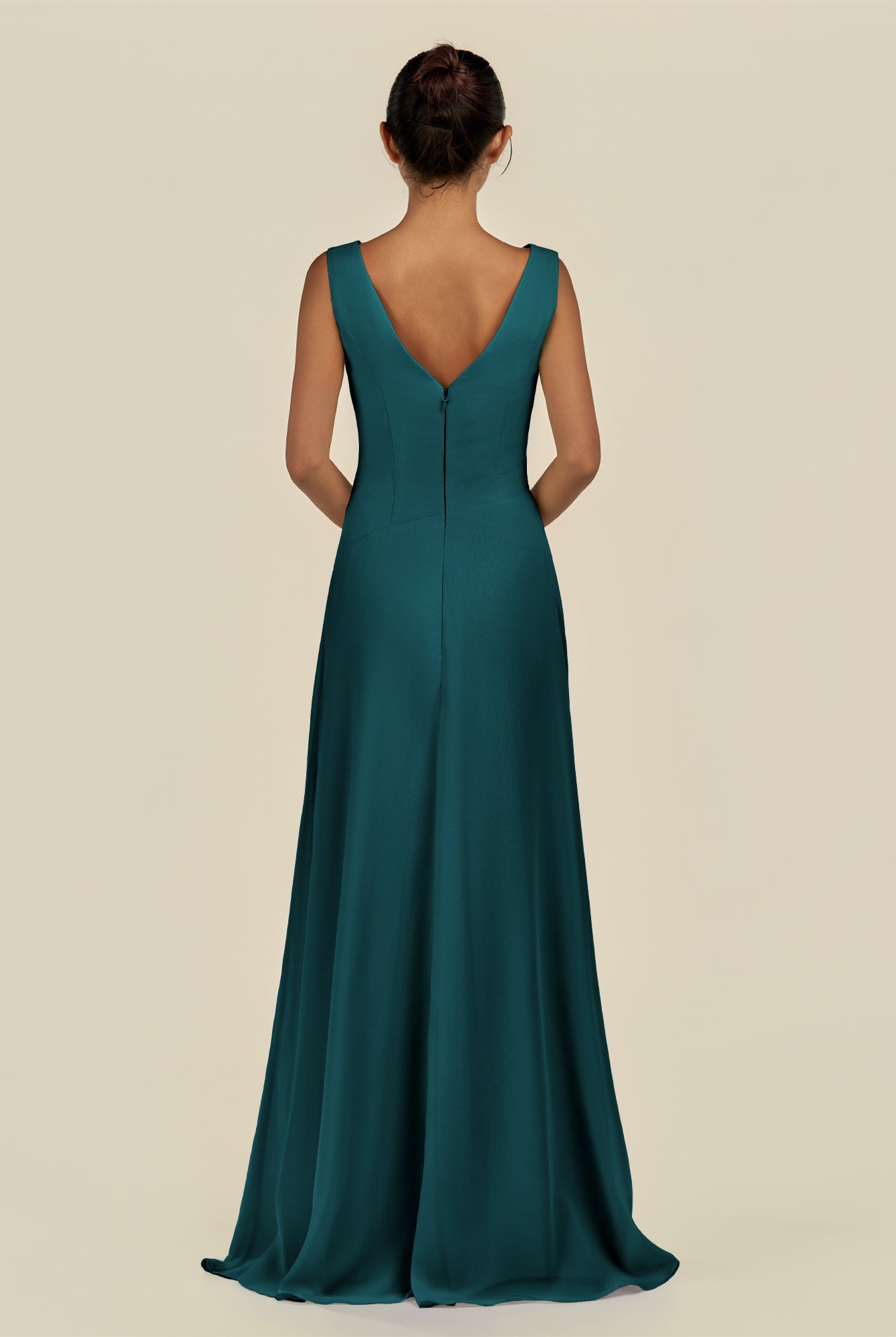 KissDress-Saphir Pine A Line Chiffon V Neck Ruched Long Bridesmaid Dress with Slit