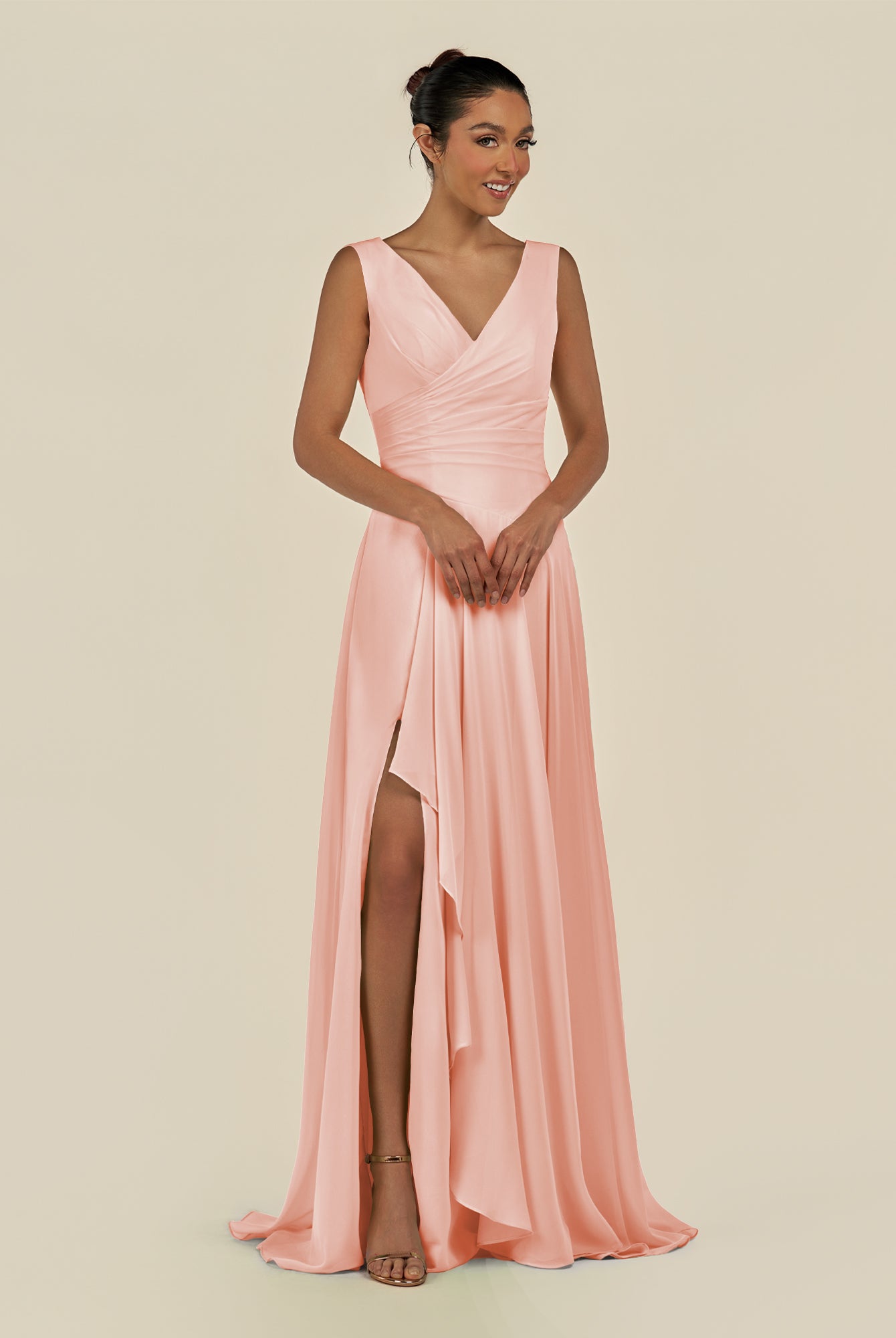 KissDress-Saphir Rose Petal A Line Chiffon V Neck Ruched Long Bridesmaid Dress with Slit