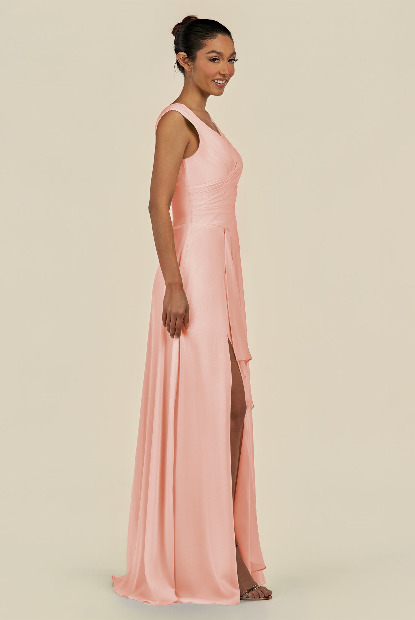 KissDress-Saphir Rose Petal A Line Chiffon V Neck Ruched Long Bridesmaid Dress with Slit