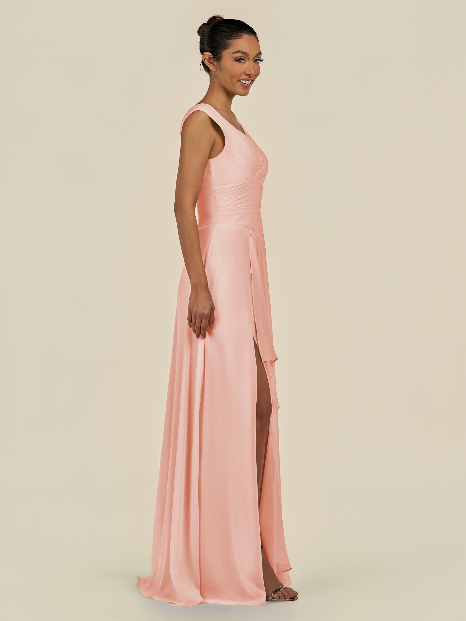KissDress-Saphir Rose Petal A Line Chiffon V Neck Ruched Long Bridesmaid Dress with Slit
