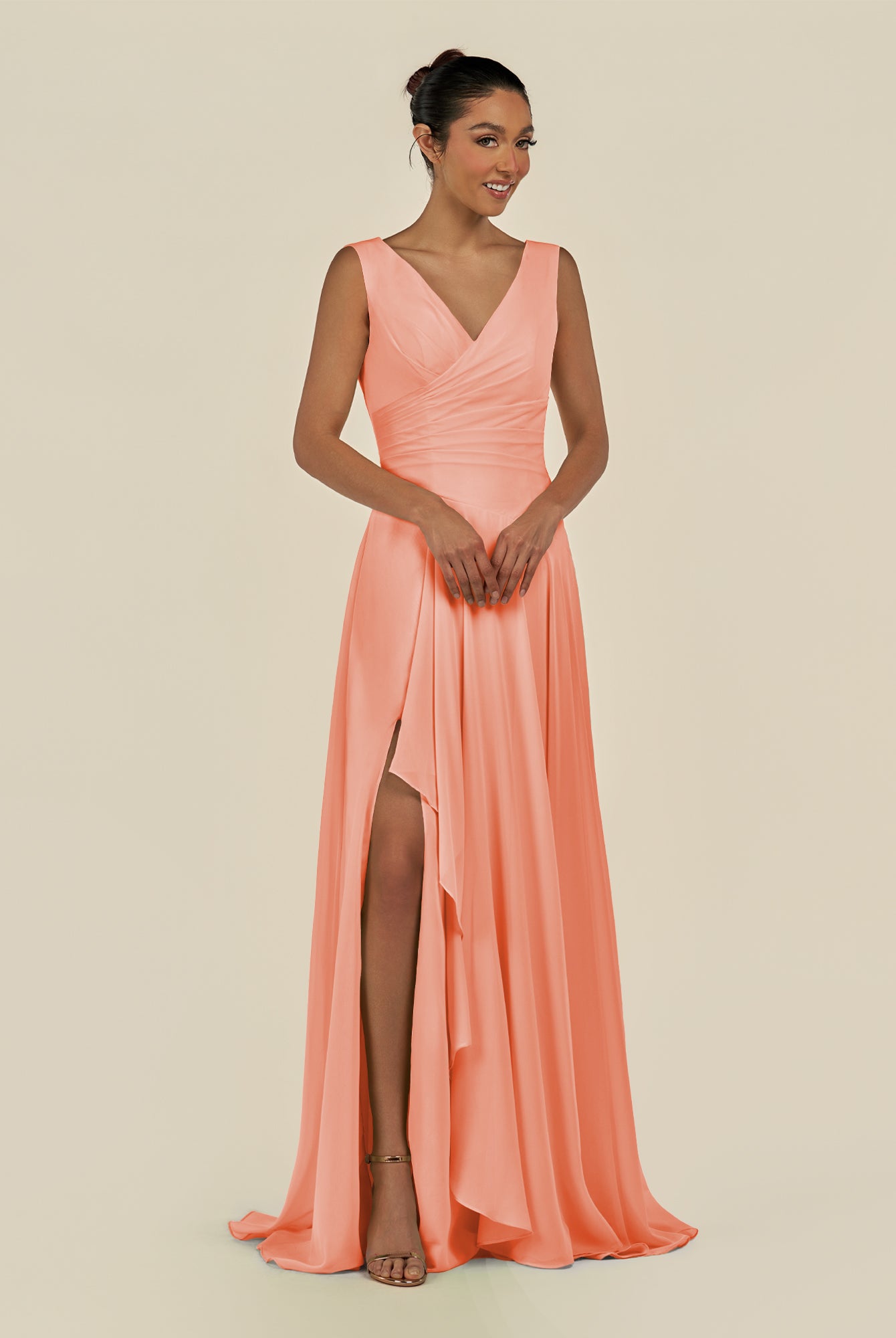 KissDress-Saphir Rosette A Line Chiffon V Neck Ruched Long Bridesmaid Dress with Slit