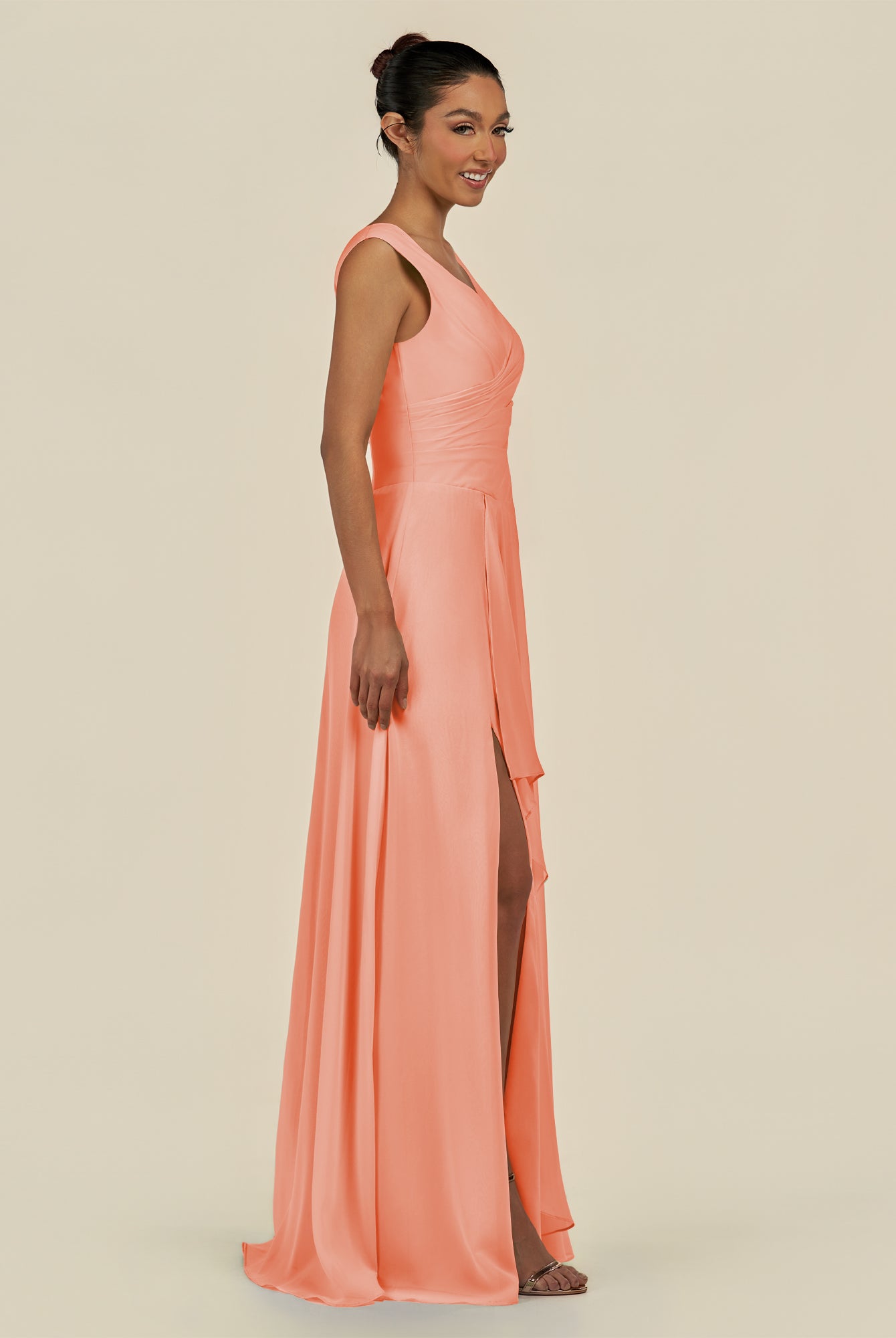 KissDress-Saphir Rosette A Line Chiffon V Neck Ruched Long Bridesmaid Dress with Slit
