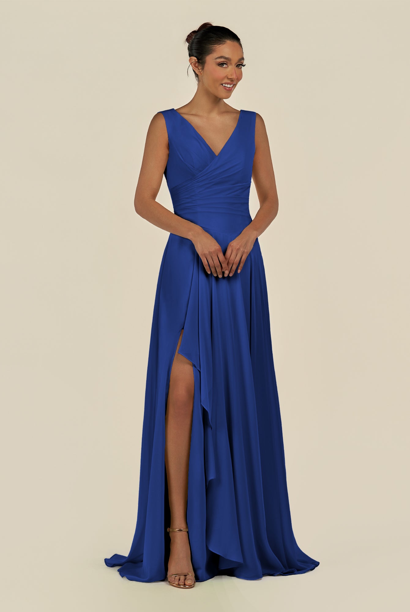 KissDress-Saphir Royal Blue A Line Chiffon V Neck Ruched Long Bridesmaid Dress with Slit