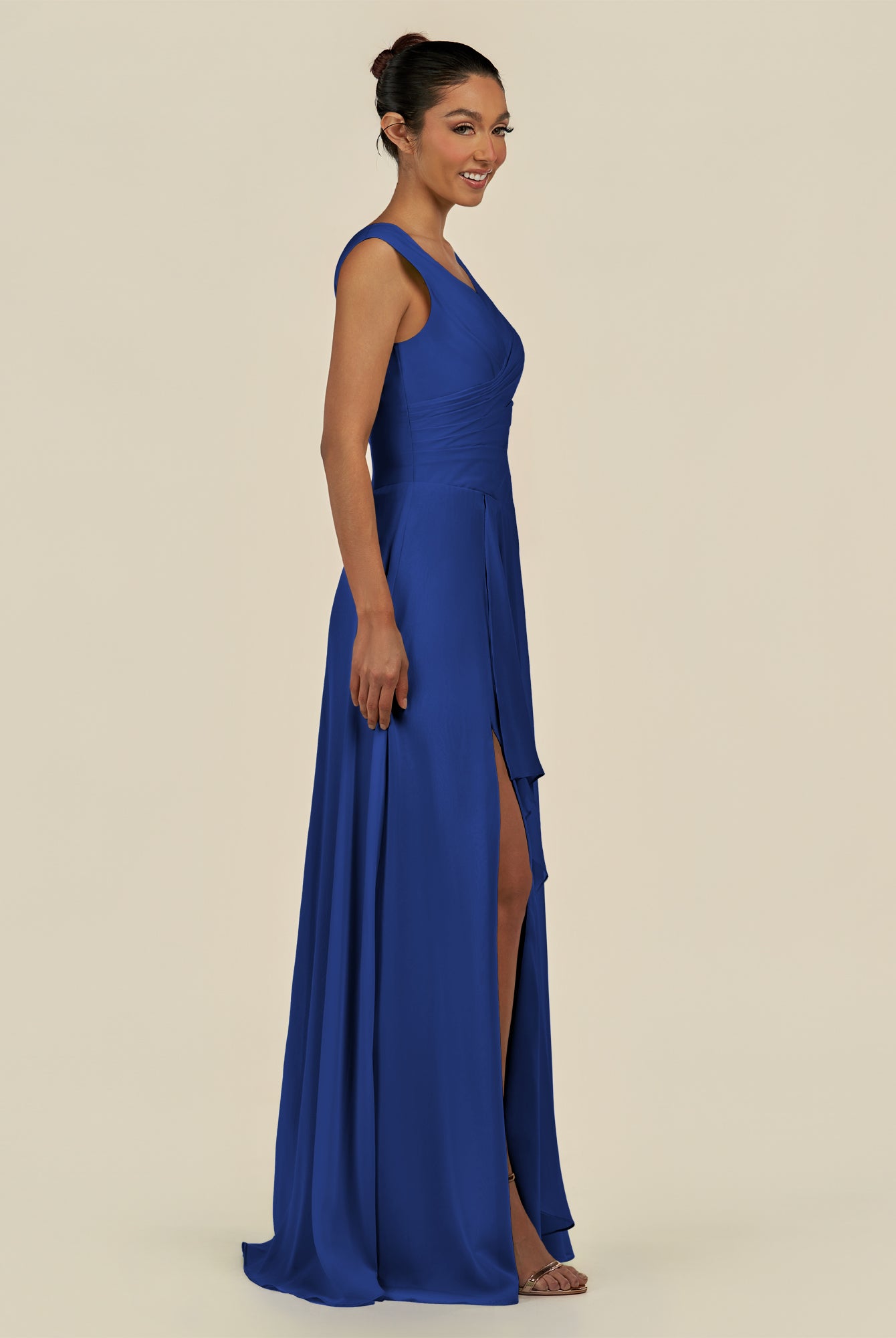 KissDress-Saphir Royal Blue A Line Chiffon V Neck Ruched Long Bridesmaid Dress with Slit