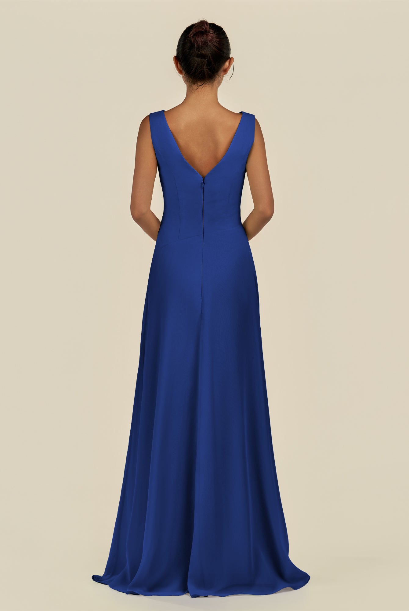 KissDress-Saphir Royal Blue A Line Chiffon V Neck Ruched Long Bridesmaid Dress with Slit
