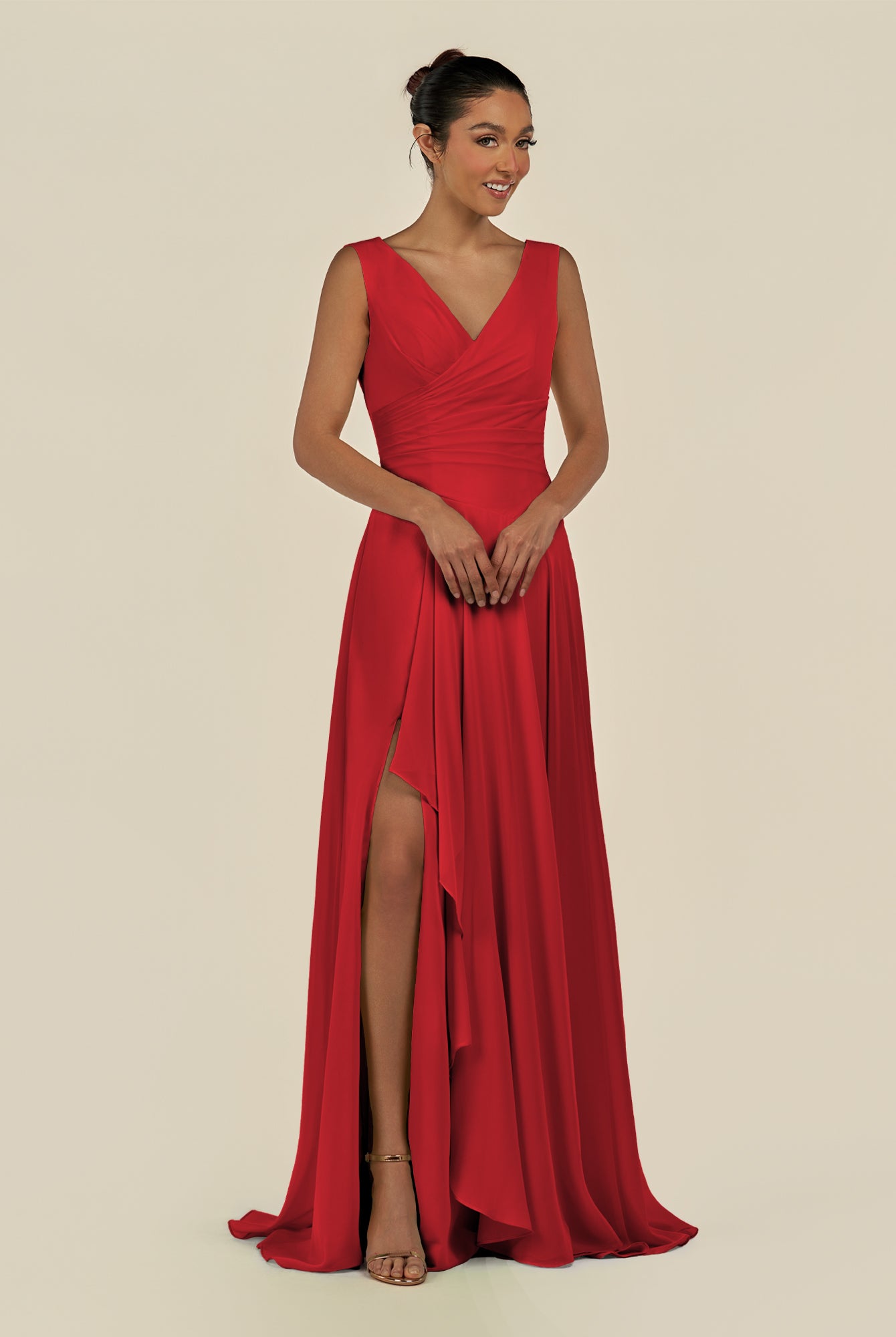 KissDress-Saphir Ruby Red A Line Chiffon V Neck Ruched Long Bridesmaid Dress with Slit