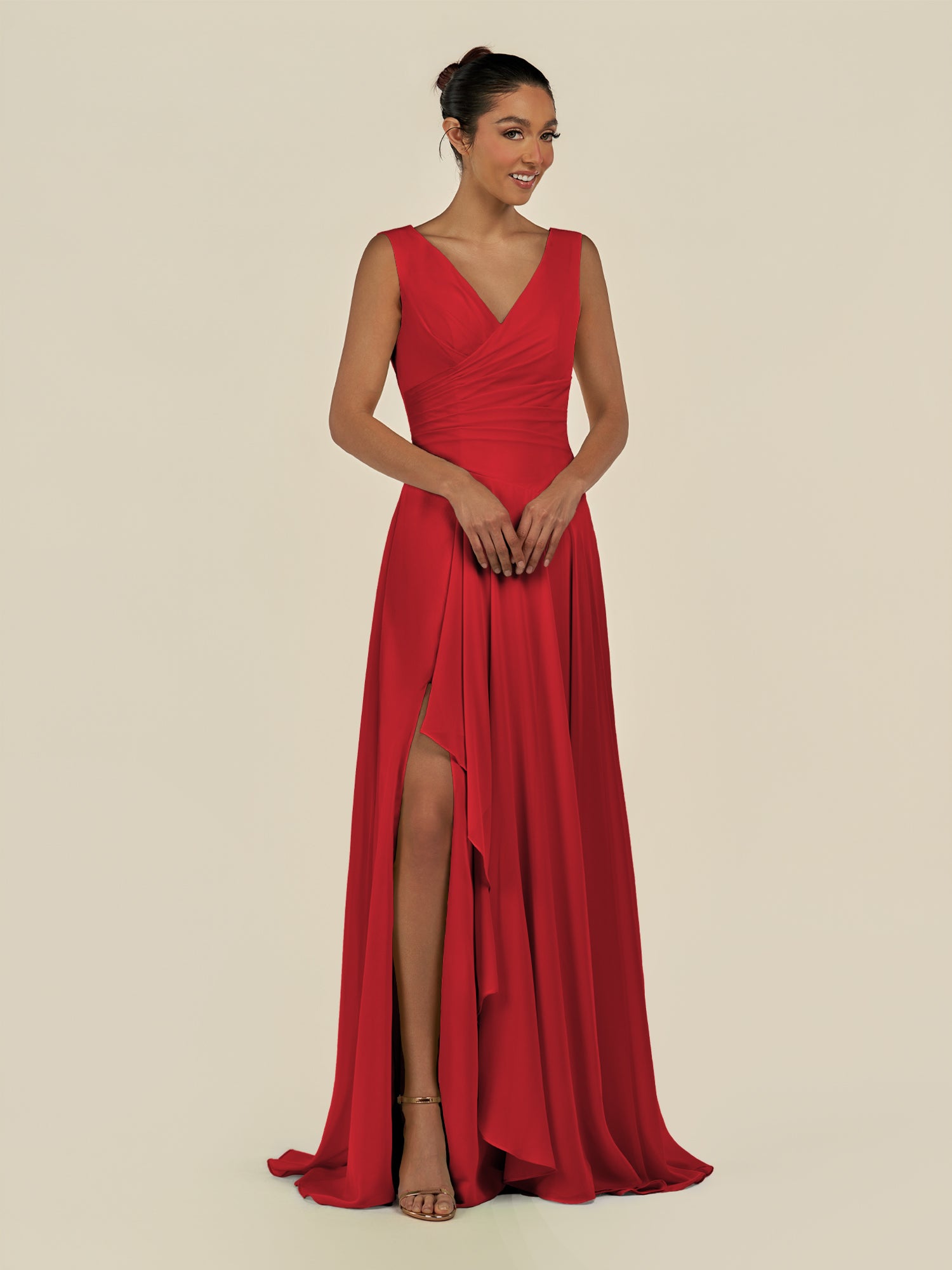 KissDress-Saphir Ruby Red A Line Chiffon V Neck Ruched Long Bridesmaid Dress with Slit